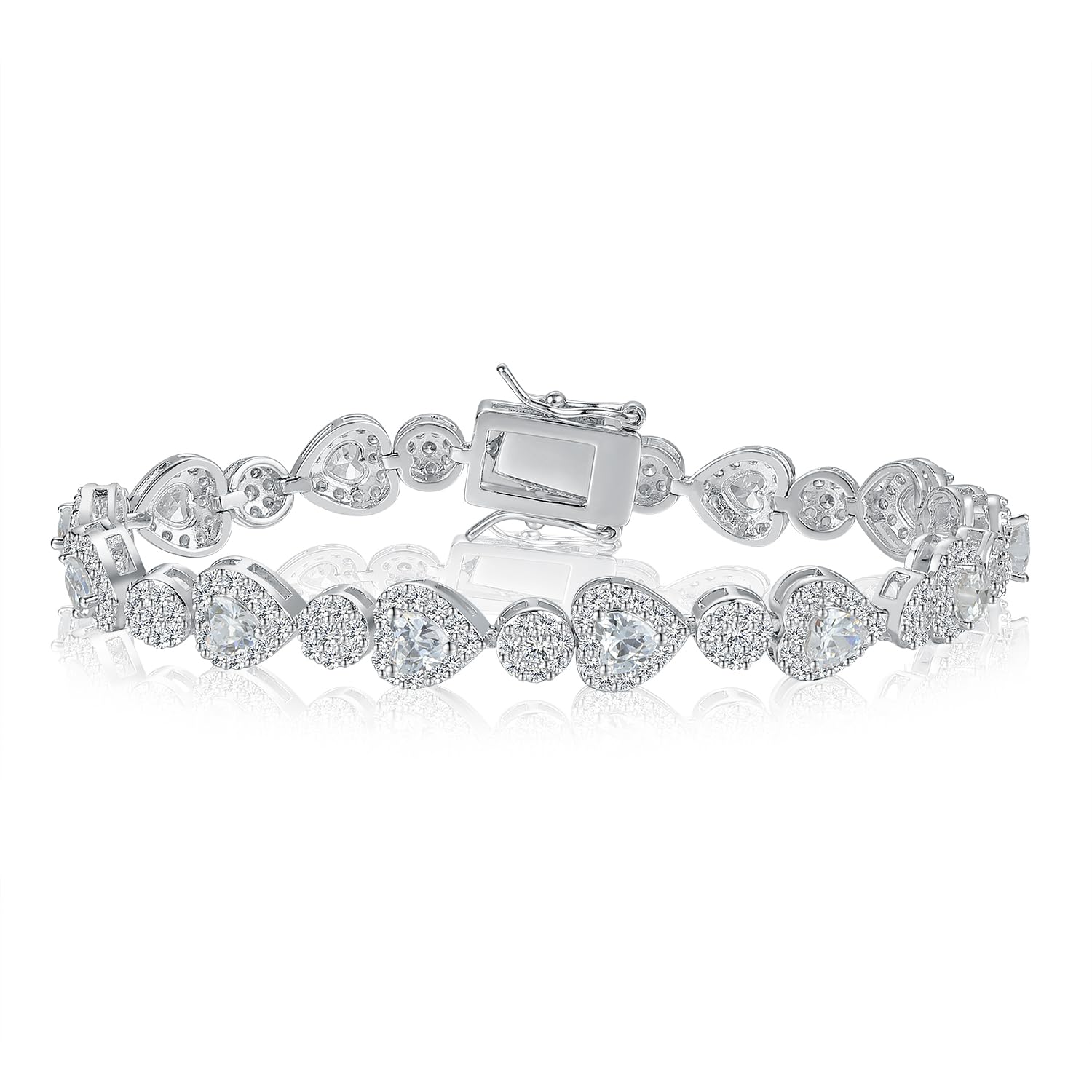 MDFUN 18K White Gold Halo Tennis Bracelet for Women Heart and Round Cubic Zirconias Size 6 inches