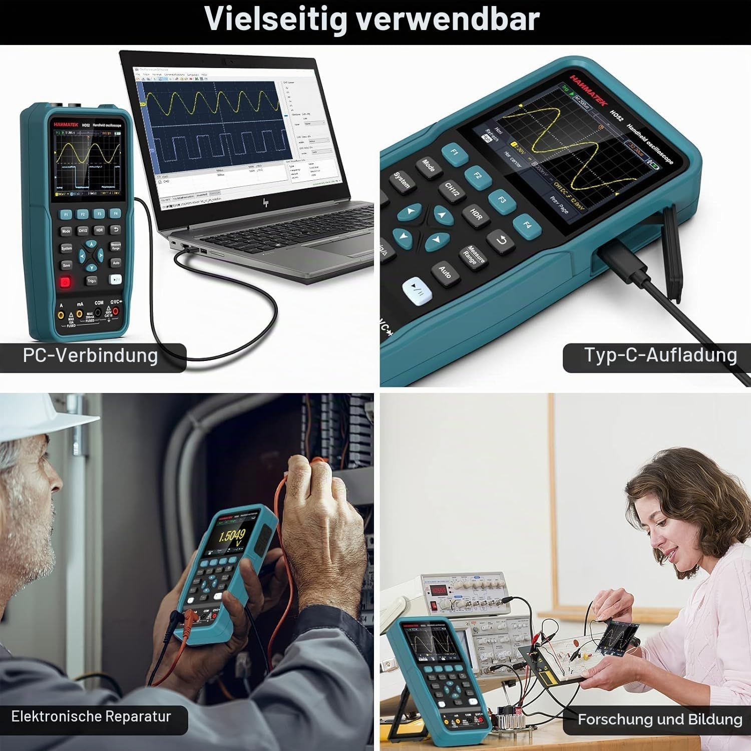 Digitales Oszilloskop,HANMATEK Handheld-Digitaloszilloskop HO52 50Mhz Bandbreite, 2 Kanal 2 in 1 Oszilloskop und Multimeter Mini-Oszilloskop