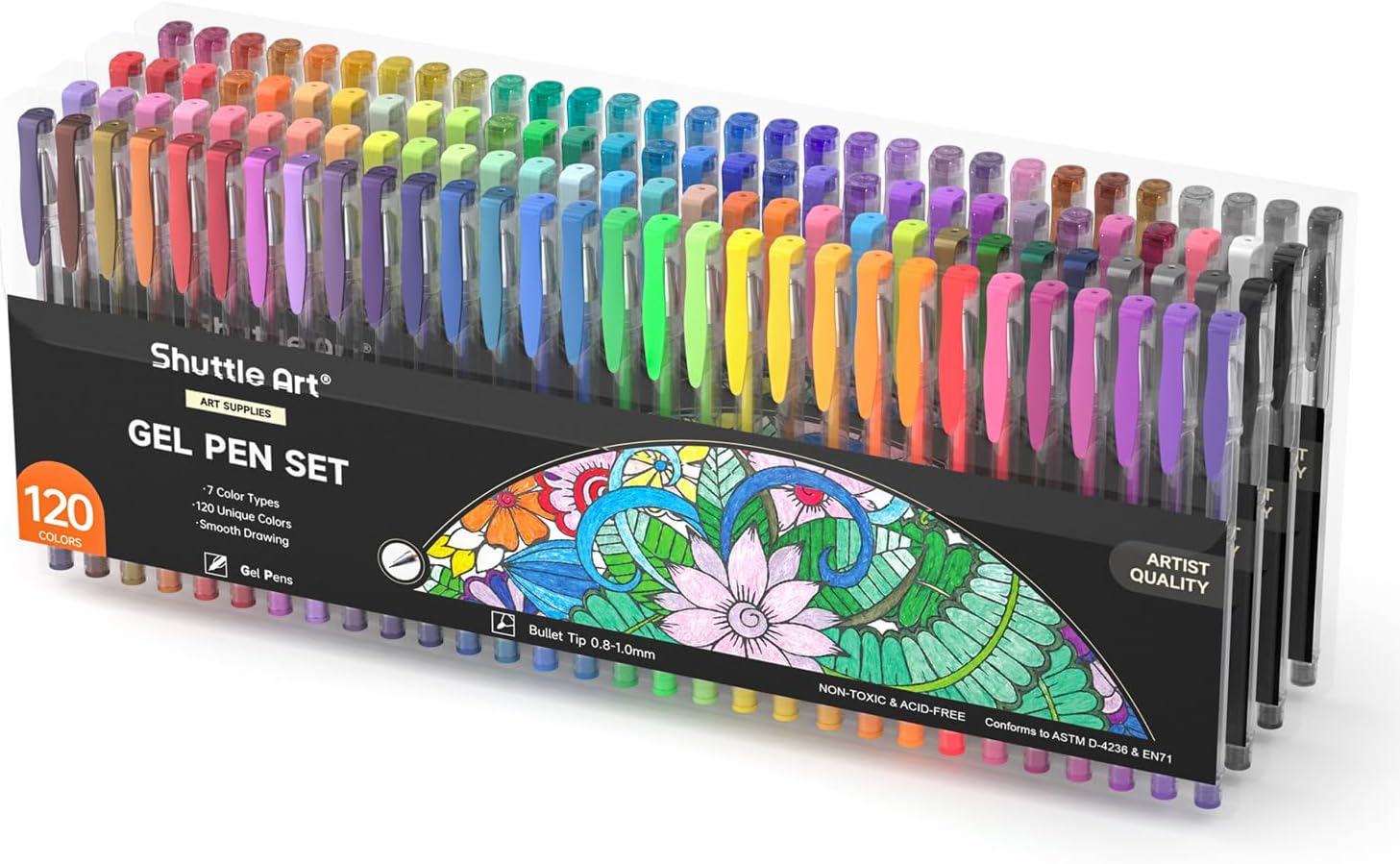 Shuttle Art Gel Ballpoint Pen, Color Pen, 120 Color Set, Water-Based, Colored Ballpoint Pen, Gel Ink, Lightfast, Waterproof, Adult Coloring, Illustration, Drawing, Doodling, Sketching, Design, Notebook, Node, Note Taking, Metallic, Neon for Kids, School Entrance Celebration, Christmas, Present with Transparent Case