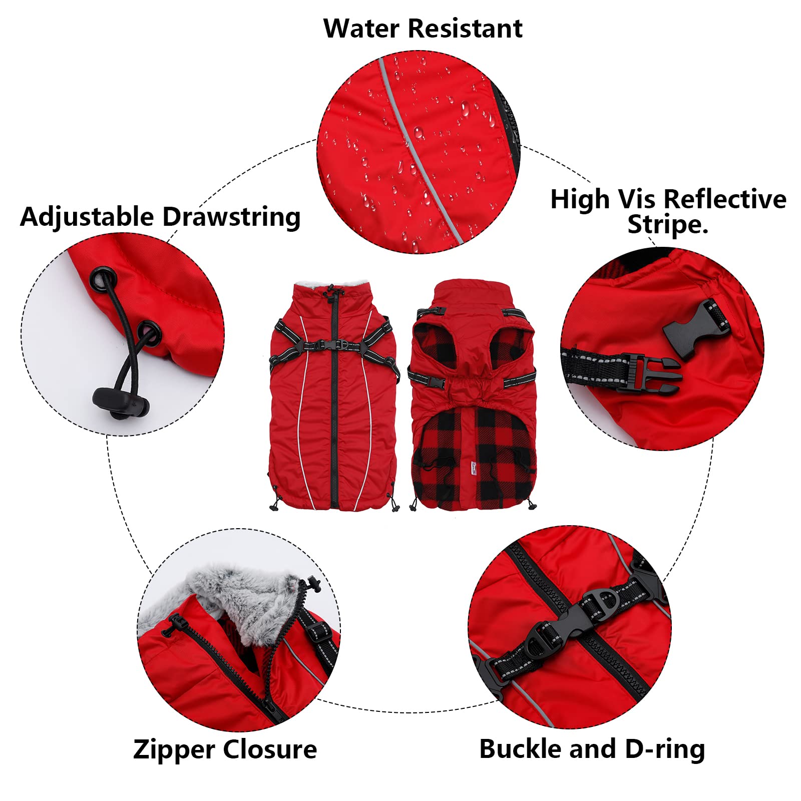 Geyecete Winter Warm Coat with Super inner fleece Dog Jacket Windproof snowproof with Buckle and D-Ring with hood,Pet outdoor jacket-Red-XS - Image 2