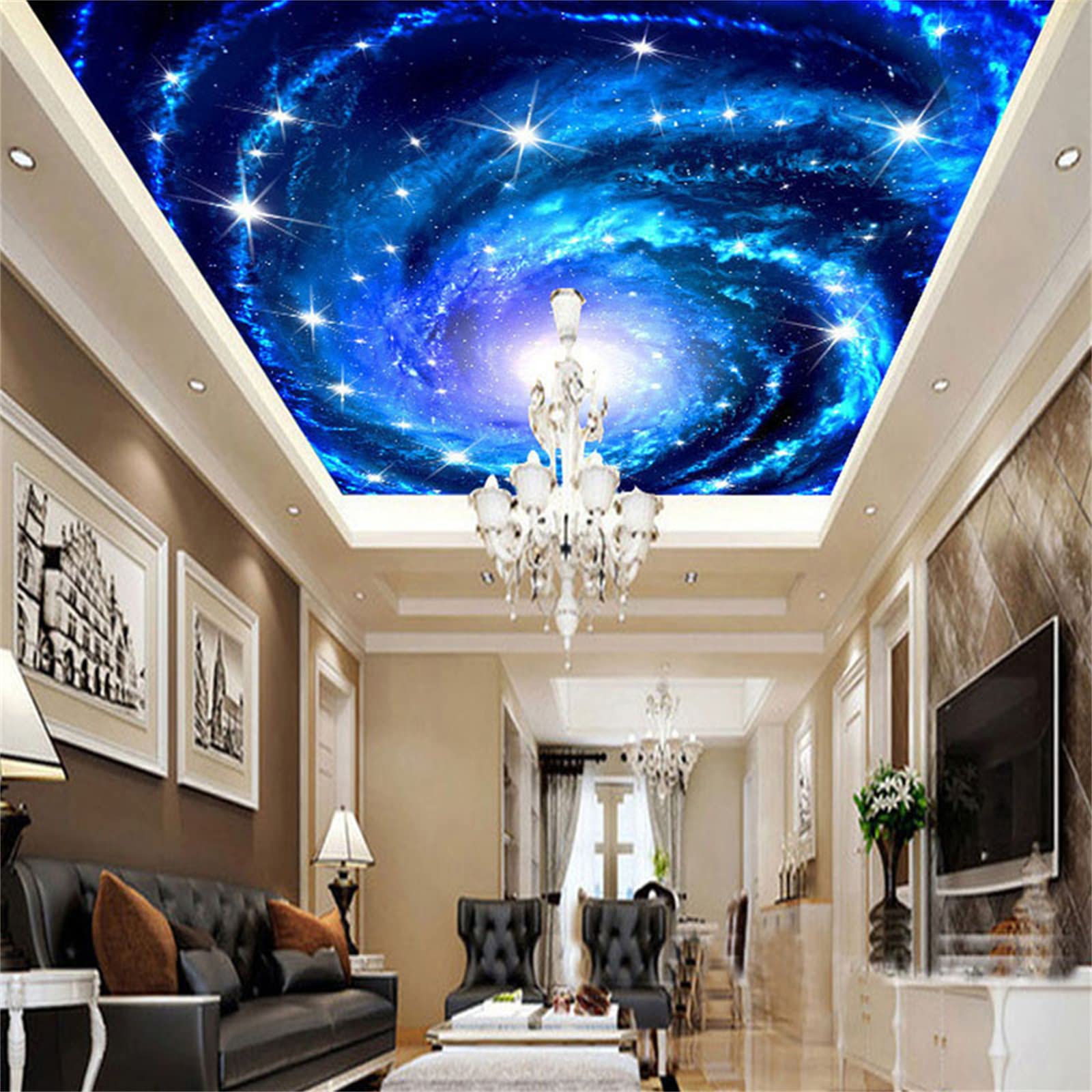 Blue Starry Swirl Ceiling 3D Print Wall Mural, Removable Self-Adhesive Wallpaper Wall Decoration Mural for Boys Girls Kids Room Living Room Tv Sofa Backdrop Decor(36
