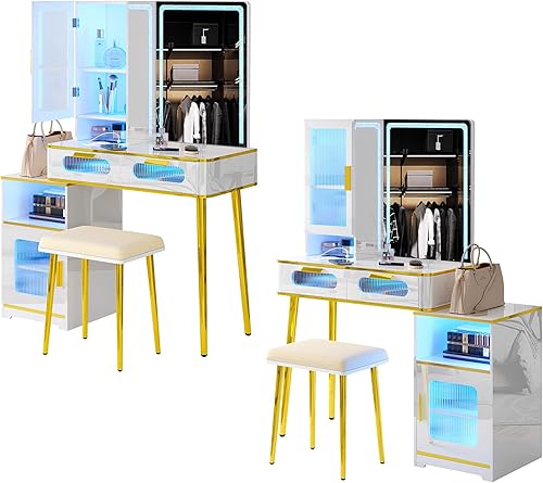 Miniatura 8 de Escritorio LED con espejo y luz, escritorio de maquillaje con estación de carga 3 en 1, juego de tocador con taburete tapizado, mesa de maquillaje
