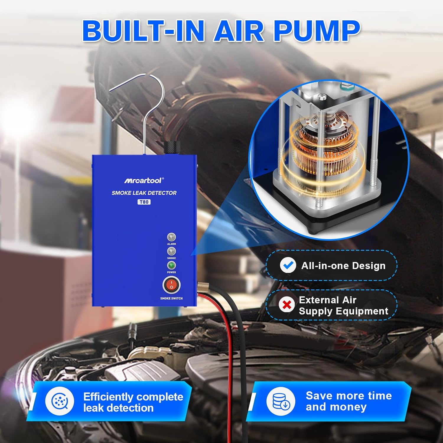 MR CARTOOL T80 Automotive Smoke Machine Leak Detector, EVAP Vacuum Smoke Tester Machine with Liquid Level Gauge, Built-in Air Pump Smoke Detector for All DC 12V Vehicles