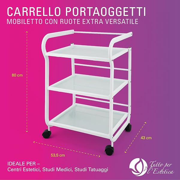 Carrello Estetista con Ruote - Mobiletto con Ruote, Leggero, Multiuso in Acciaio e 3 Ripiani in Vetro Traslucido - Carrello Portaoggetti per Estetica, Ceretta, Tattoo e Medico | Design Salvaspazio - 3