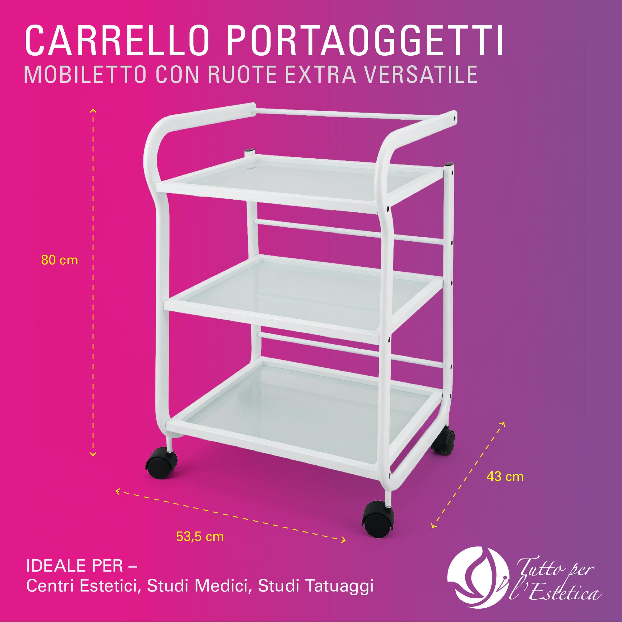 Carrello Estetista con Ruote - Mobiletto con Ruote, Leggero, Multiuso in Acciaio e 3 Ripiani in Vetro Traslucido - Carrello Portaoggetti per Estetica, Ceretta, Tattoo e Medico | Design Salvaspazio