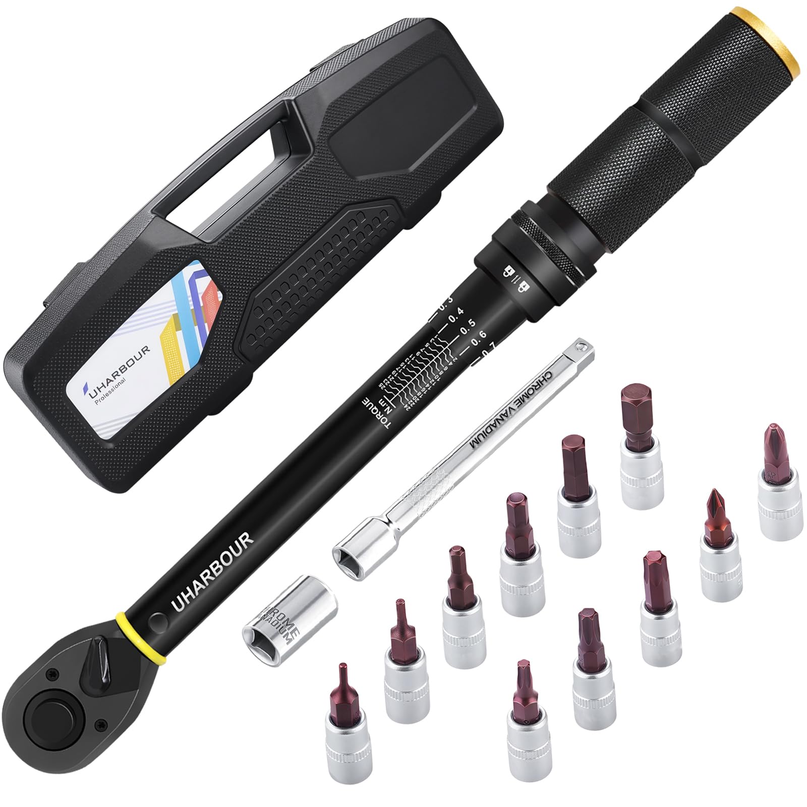 Uharbour Torque Wrench Bicycle 1-25 Nm, Torque Wrench 1/4, Bicycle Torque Wrench Set with Bits and Extension Rod for Bicycle, ±3% Error Accuracy Torque Wrench Small