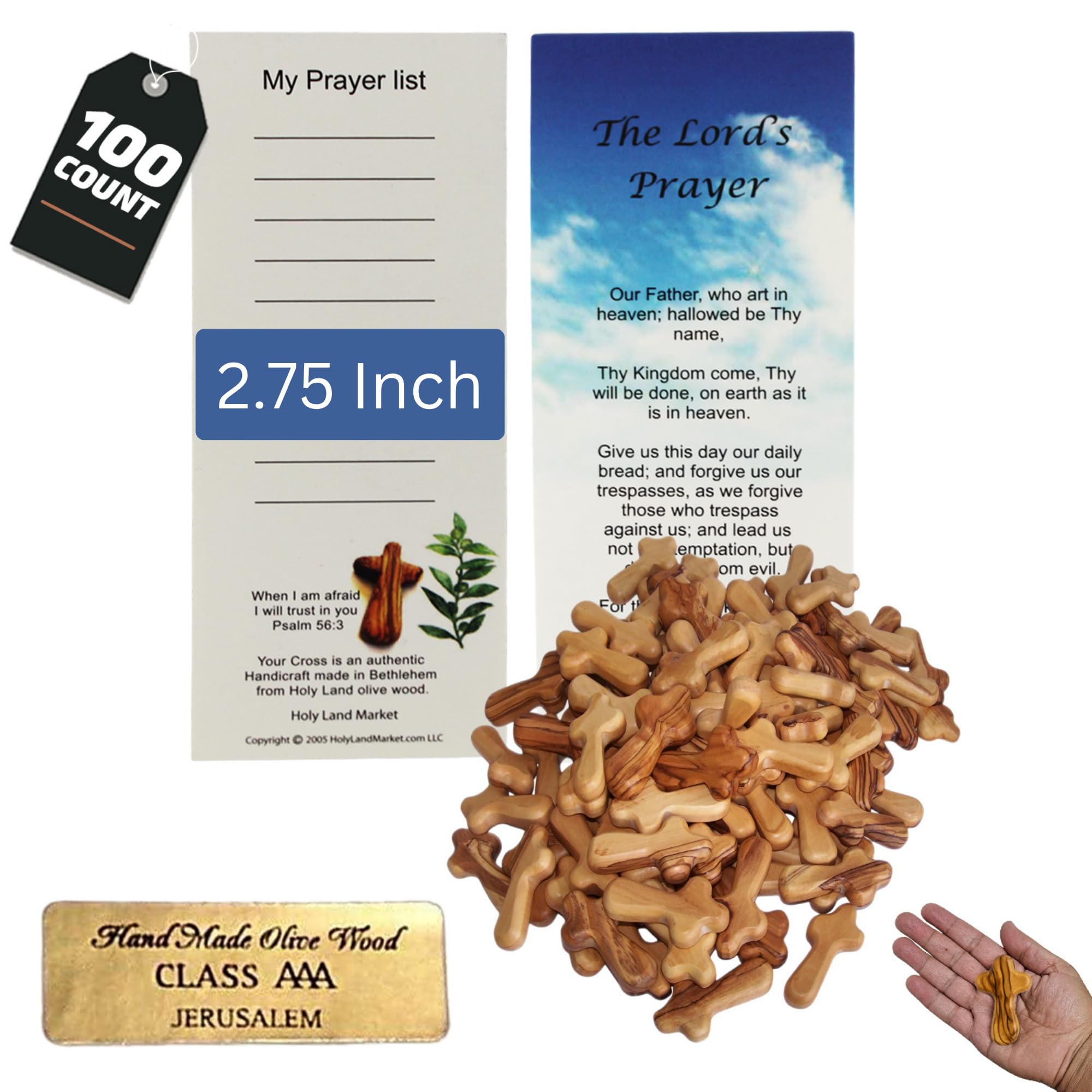 Holy Land Market Olive Wood Pocket Crosses 2.75 in with Certificate from Bethlehem (100 Pack)