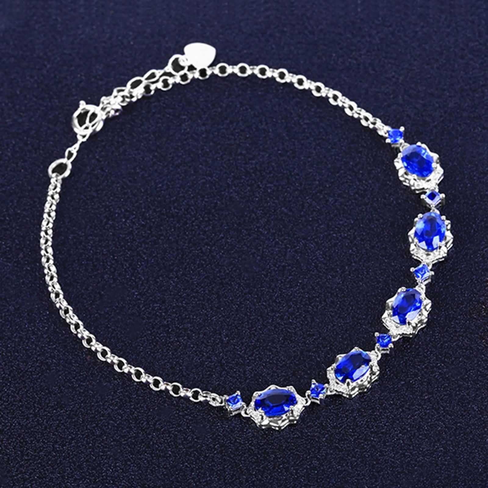 Pulseras Mujer de Oro Blanco 9K / 14K / 18K, Oval con Zafiro Creado de 2,9 ct y Moissanita, Cadena Extensible 16 CM + 5 CM, Pulseras de Plata Azul para Ajustable Mujer