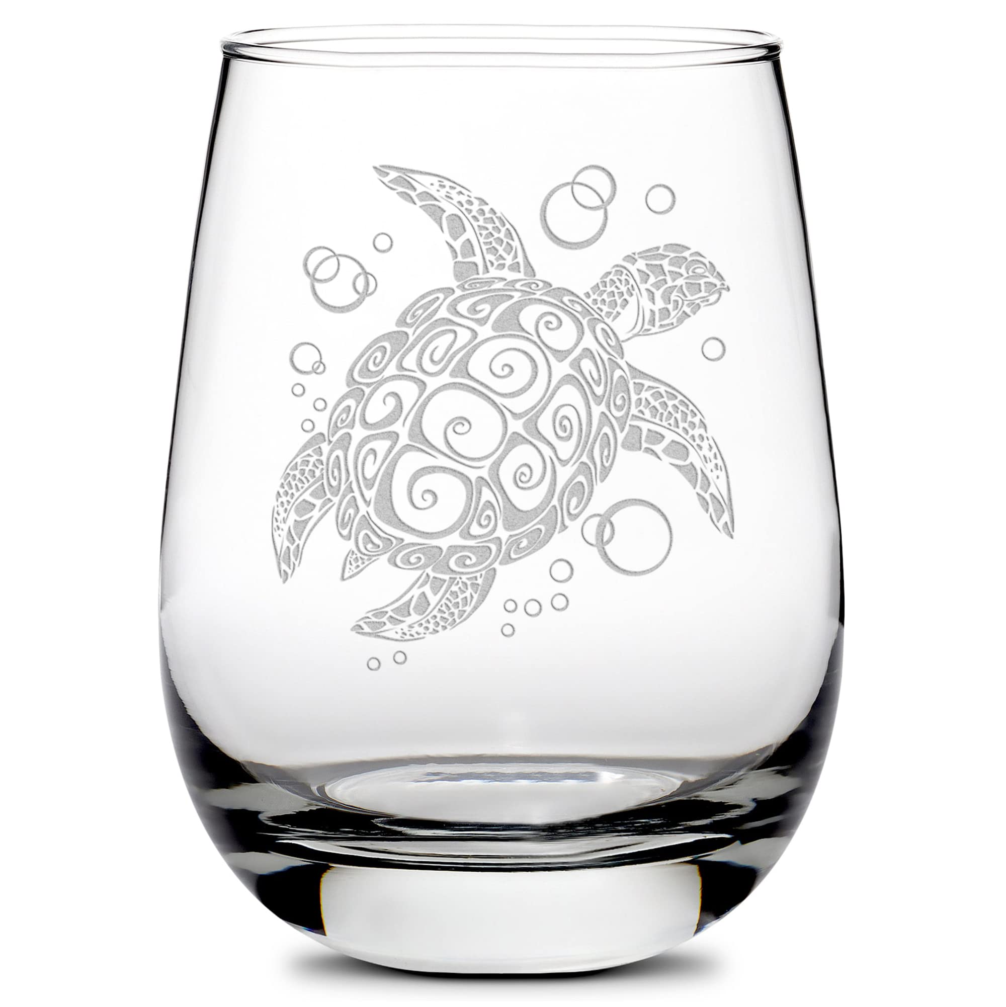Integrity Bottles Tribal Sea Turtle Design Stemless Wine Glass, Handmade, Handblown, Hand Etched Gifts, Sand Carved, 16oz