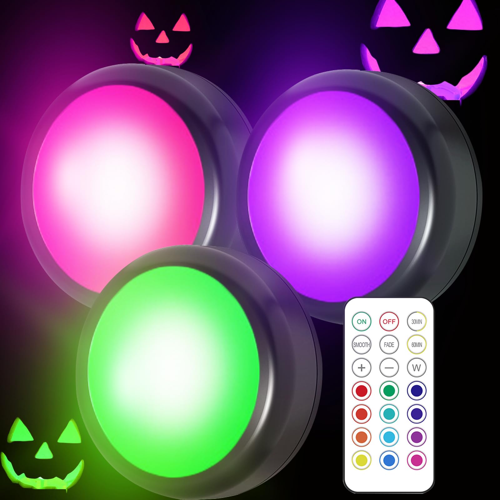 Muti Color Pumpkin Lights,Halloween led Lights with Remote and Timer,Color Changing Black Puck Light,Battery Operated Pumpkin Flameless Candles for Jack-O-Lantern, Halloween and Christmas Decor.