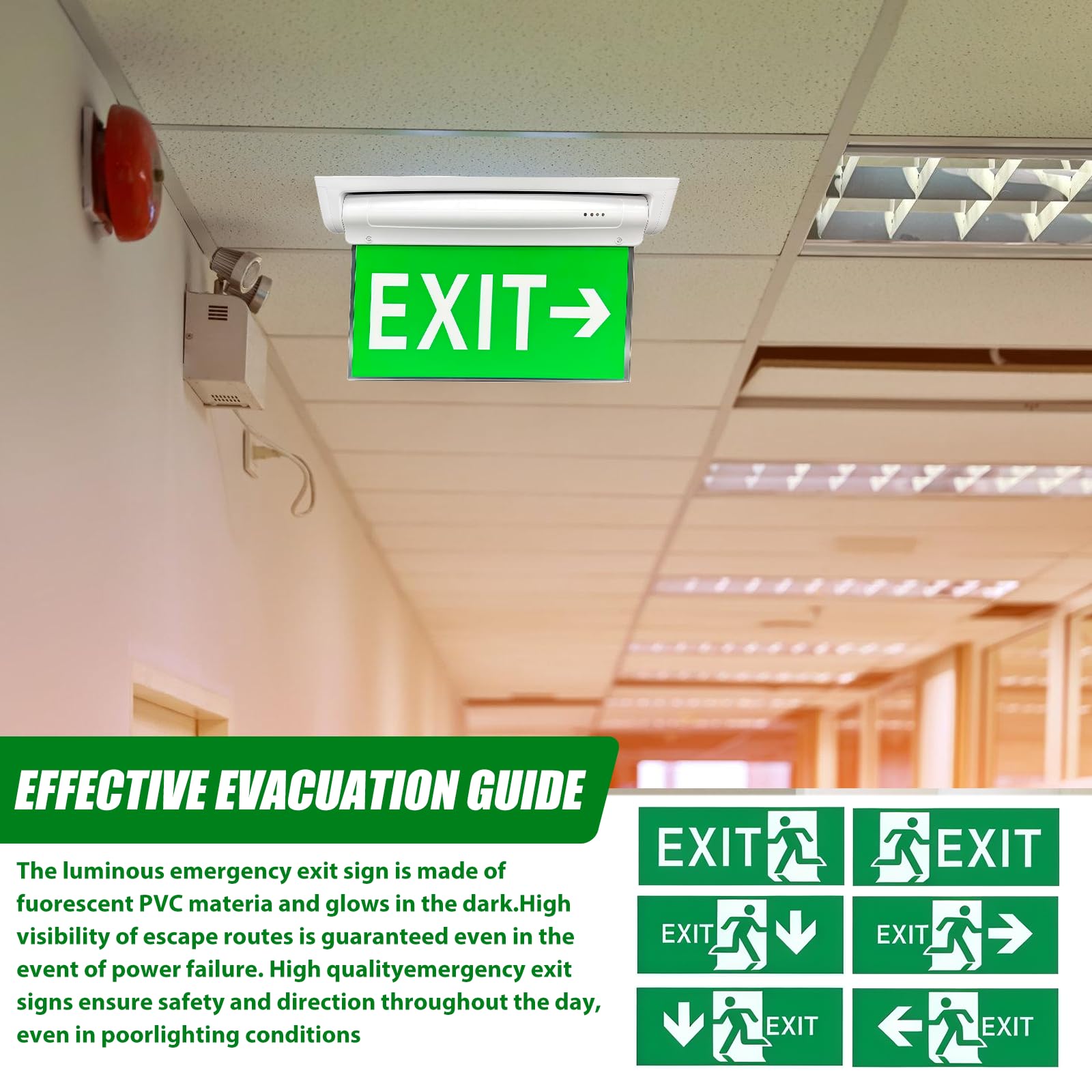 Iluminación LED de emergencia de doble cara con duración de batería de 3 horas, protección IP30 contra salpicaduras, batería de litio de carga automática, 6 pictogramas intercambiables, luz
