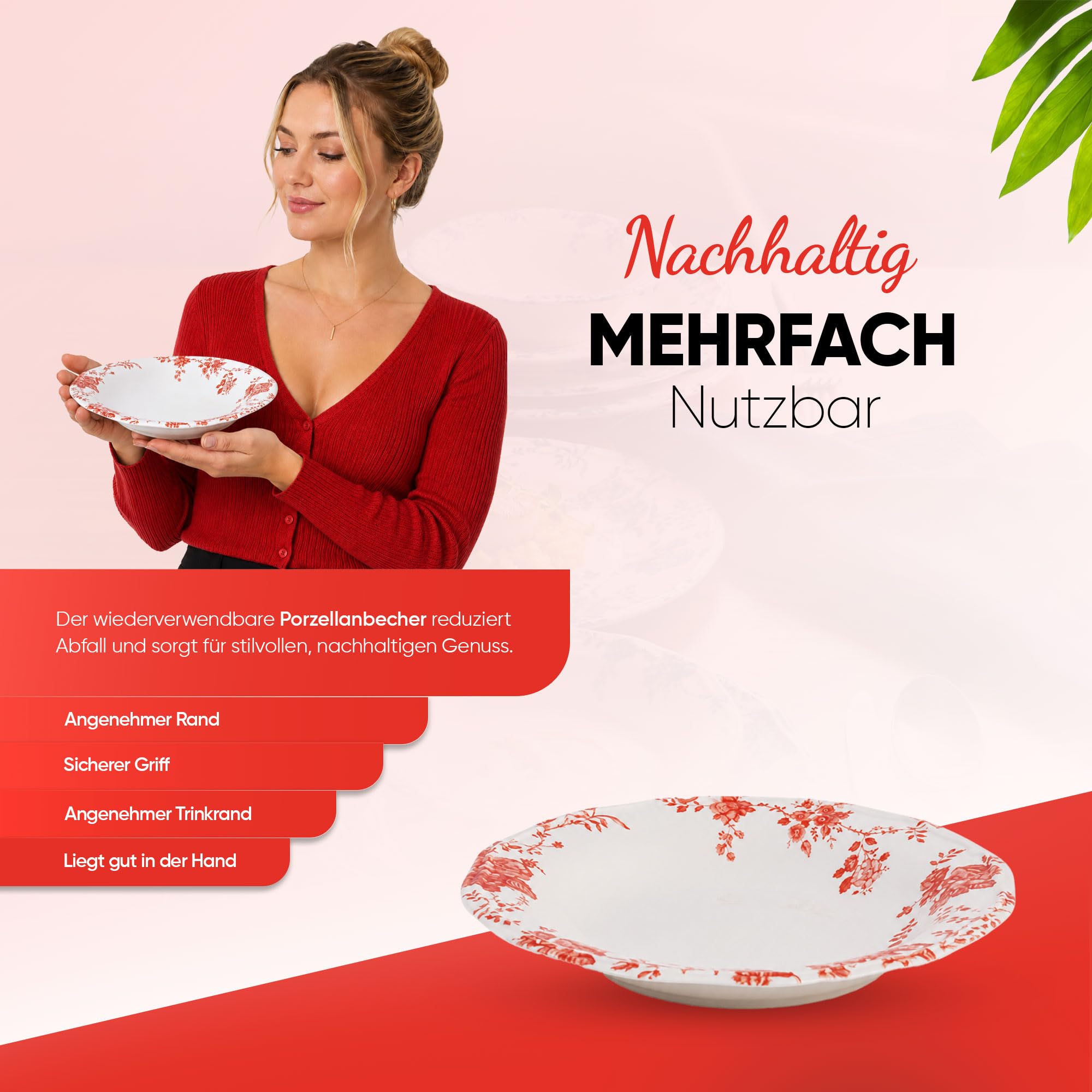 Nordic Schiller Tafelservice 24-teilig aus Porzellan für 6 Personen, Rot | 6 Speiseteller, 6 Suppenteller, 6 Dessertteller, 6 Kompottschalen, Modernes Geschirrset