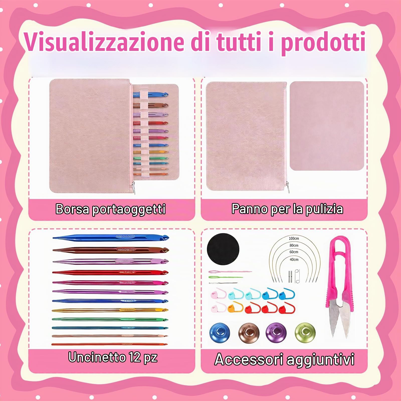 Uncinetto, Uncinetto Set con 12 Misure di Uncinetti in Ossido di Alluminio Cavo da 40 cm/60 cm/80 cm/100 cm Anelli di Marcatura e Vari Accessori per Principianti e Appassionati di Uncinetti