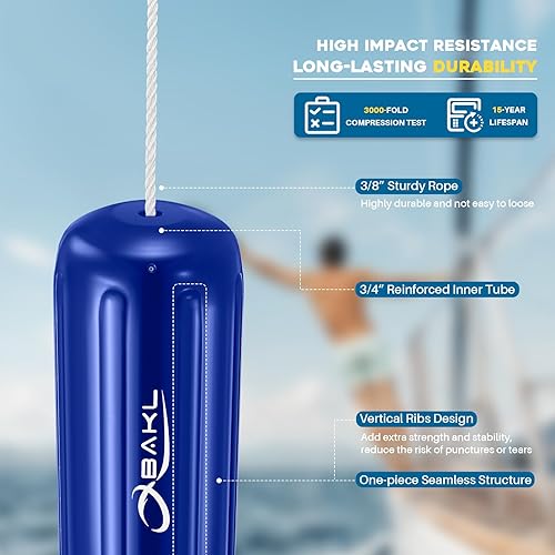 Miniatura 5 de OBAKL Paquete de 4 defensas de barco de 6 x 15 pulgadas con agujero central acanalado para embarcación, viene con cuerdas y bomba para inflar