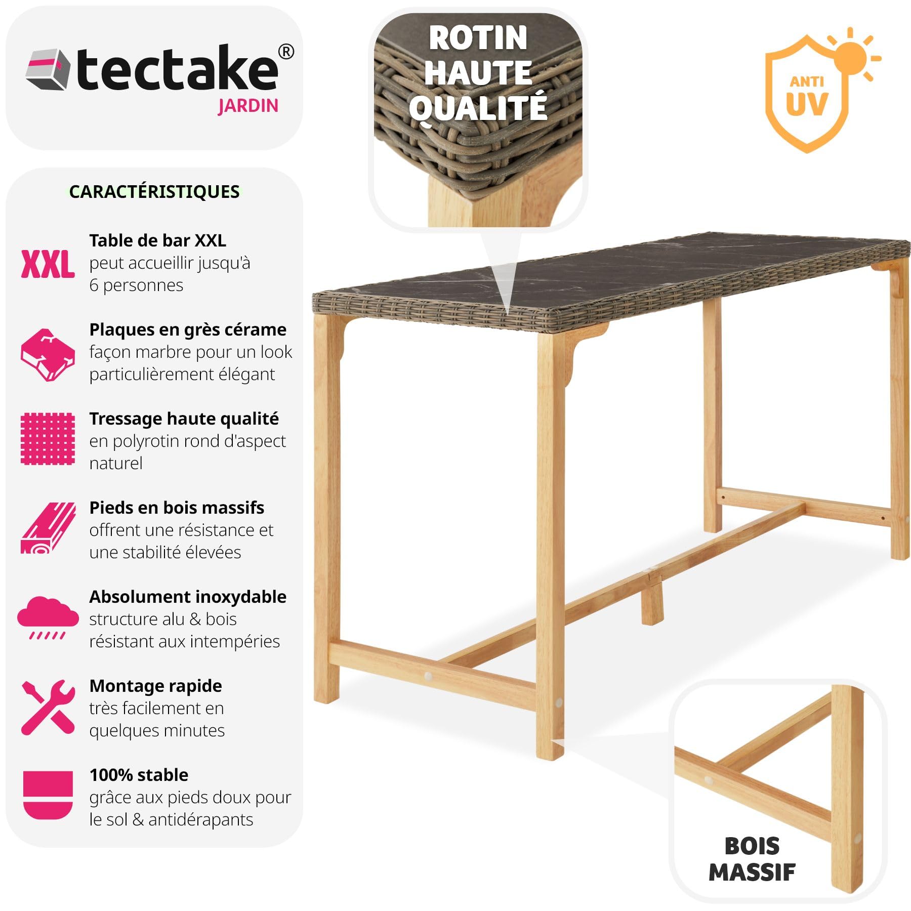 tectake® Table de Bar Haute Extérieur en Résine Tressée & Grès cérame Fin marbré Résistante aux intempéries pour Salon de Jardin, Structure en Aluminium & Bois Massif, Mobilier de Jardin
