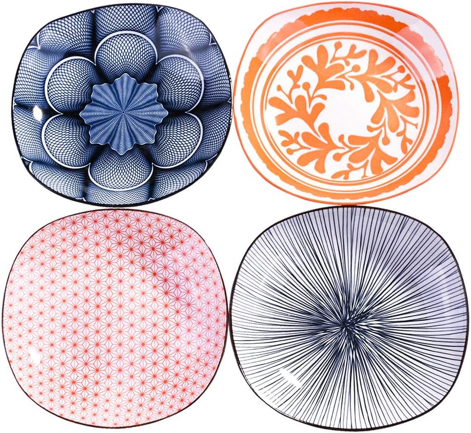 4-Piece Ceramic Deep Dinner Plate Set - 8" Square Edge Pasta Bowls - Assorted Vintage Japanese Pattern Serving Plates for Salad, Steak & Soup - 1.6" Deep - Microwave, Oven & Dishwasher Safe