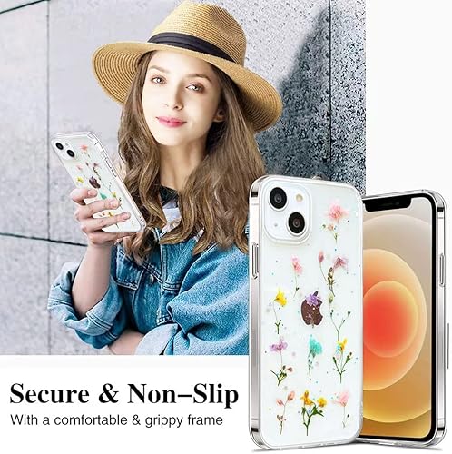 Miniatura 3 de CEOKOK Diseñada para iPhone 13 Bling Gliter - Funda estética transparente con diseño de flores naturales, TPU suave prensado floral real a prueba de