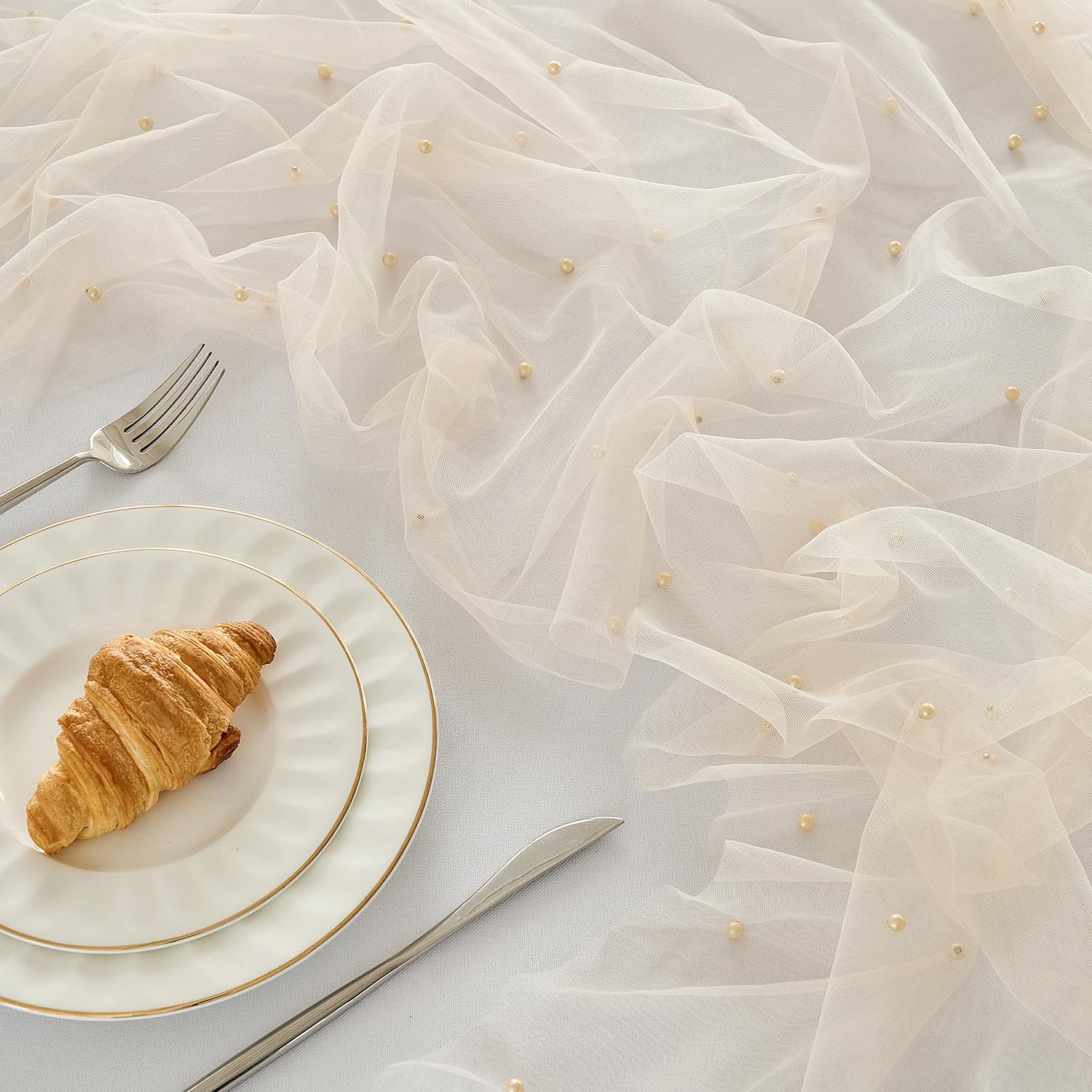 Fanami 6 Pack Pearl Table Runner -10FT Champagne Gold Boho Tulle Table Runners 120 Inches Long Rustic Sheer Lace Fabric Centerpieces for Wedding Arch Birthday Party Bridal Veil Baby Shower Decorations - Image 2