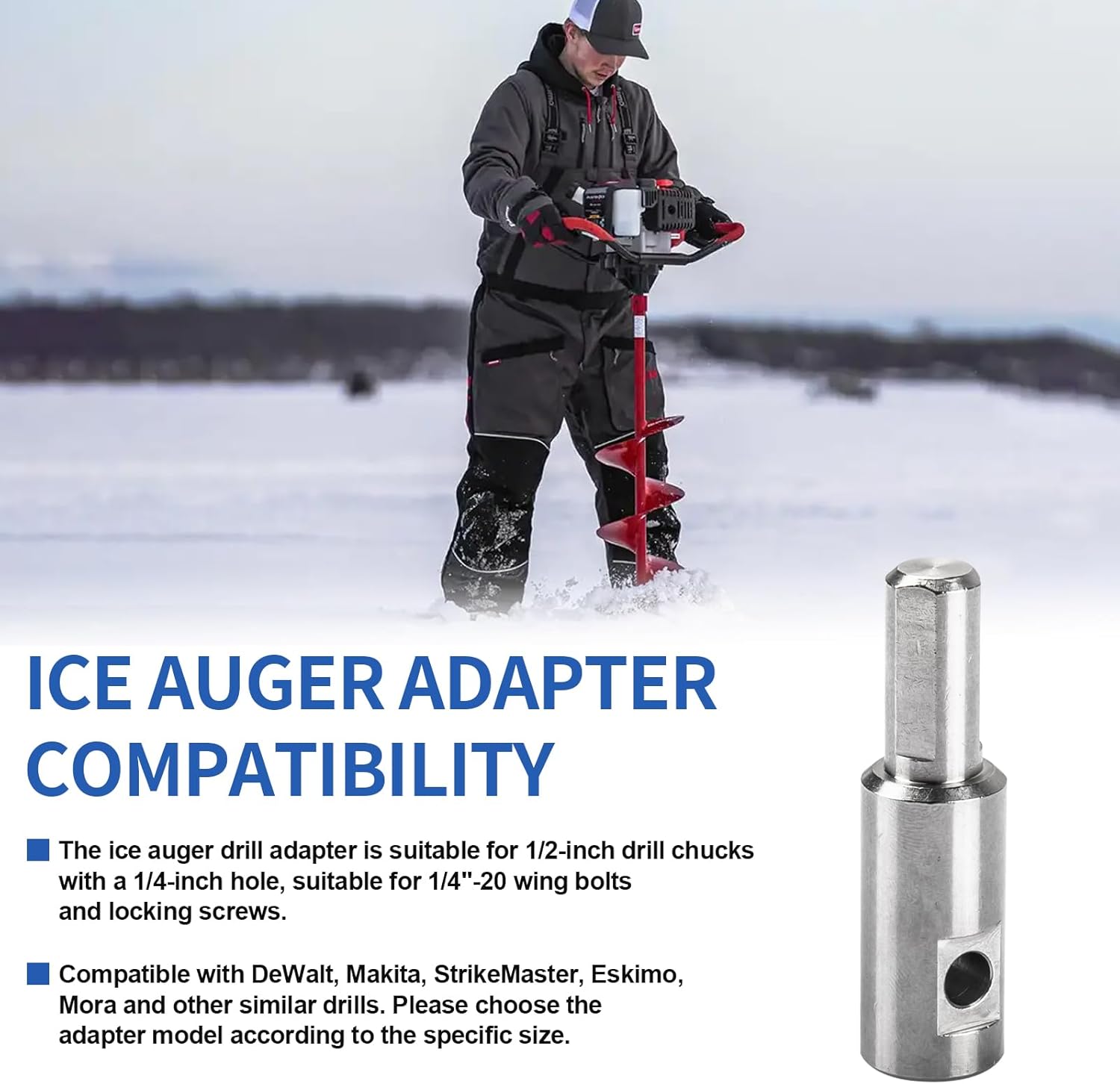 Ice Auger Drill Bit Adapter Fits 1/2" Plus Drill Chucks with 1/4" Hole Compatible with Strikemaster, Eskimo, Mora for 1/4"-20 Wing Bolts & Locking Screws