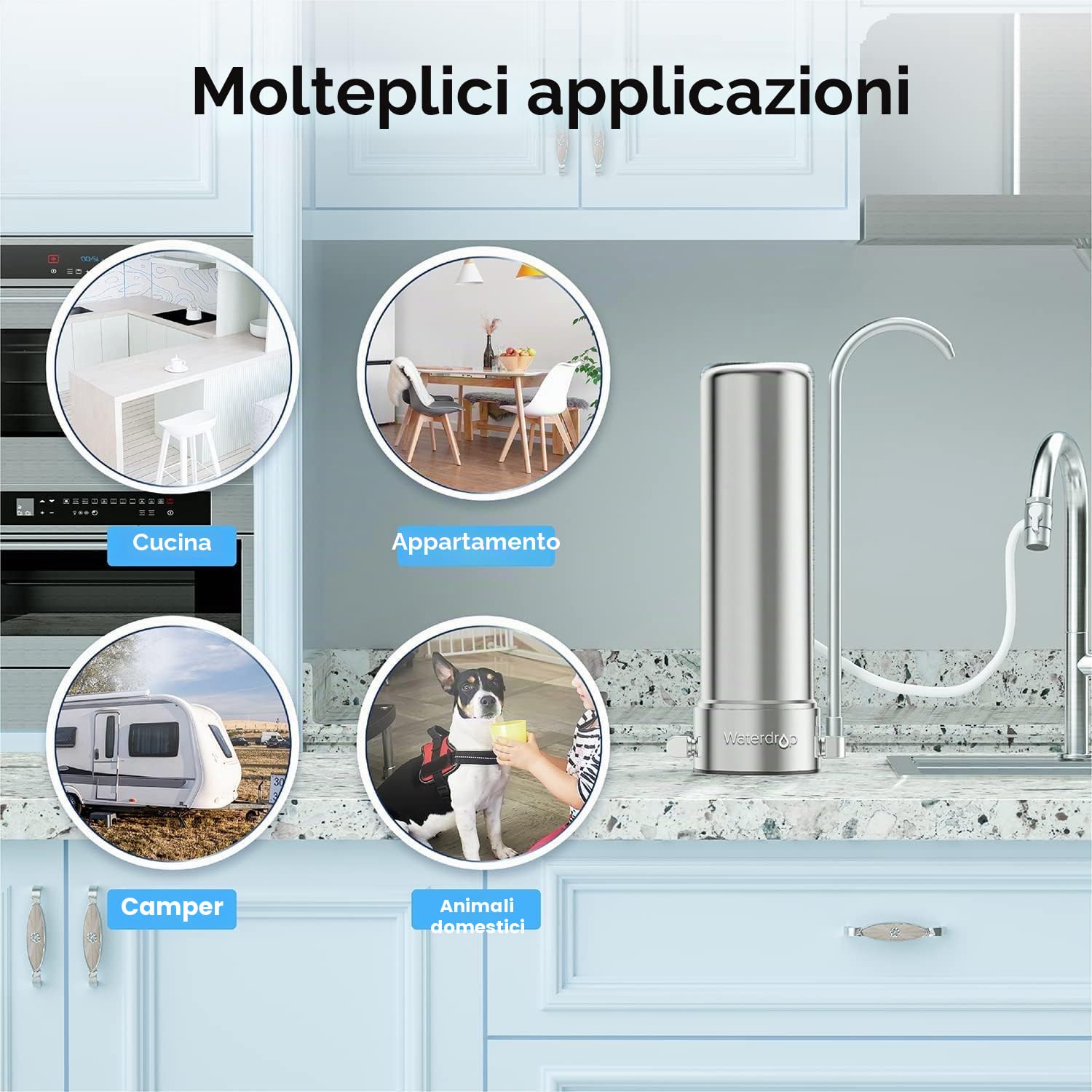 Waterdrop Sistema di filtrazione da banco WD-CTF-01, acciaio inossidabile 304 per uso alimentare, filtro dell'acqua del rubinetto a 6 stadi, lunga durata, riduce il 99% di cloro, metalli pesanti