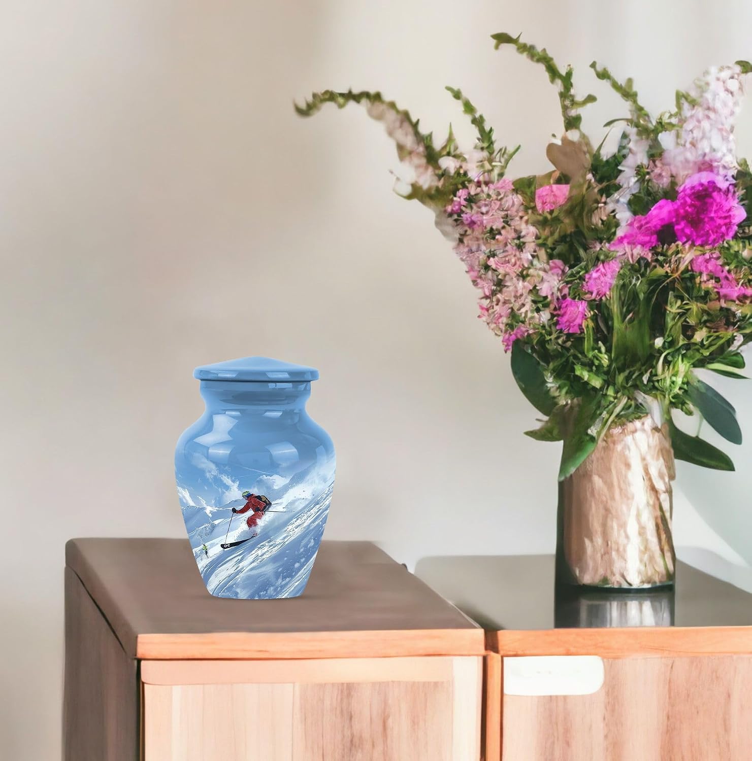 Skiing Urns - Blue Urn for Ashes Adult Male - Cremation Urn for Ashes for Women - Mini Funeral for Human Ashes - Small Urns for Human Ashes Keepsake - Tiny Funeral for Mom & Dad 3 Inch