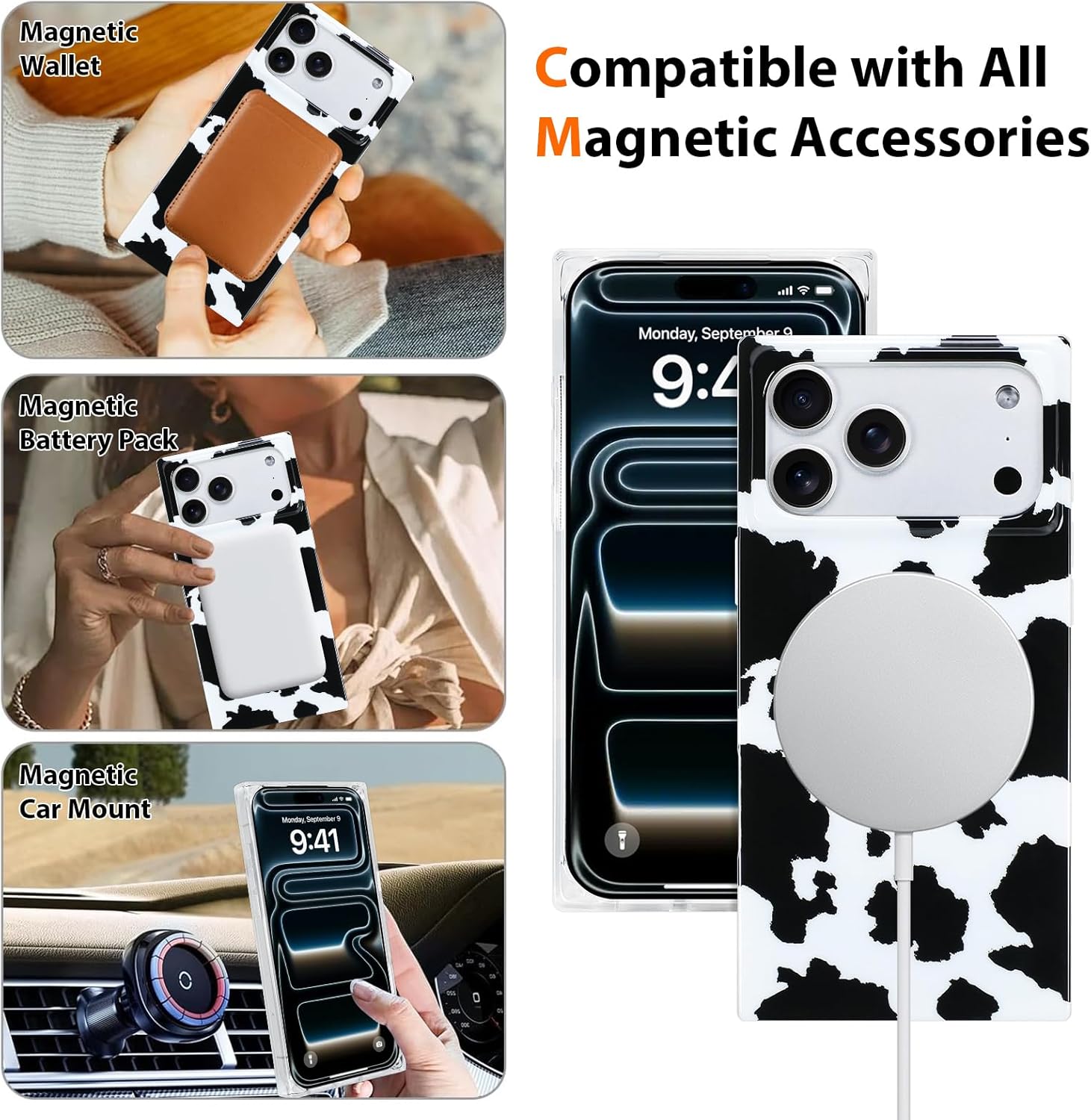 SOKAD Compatible with iPhone 17 Pro Max Case Magnetic Cute Milk Cow Pattern for Women Men, Compatible with Magsafe, Rectangle Edge Shockproof Cover for iPhone 17 Pro Max 6.9", Milk Cow