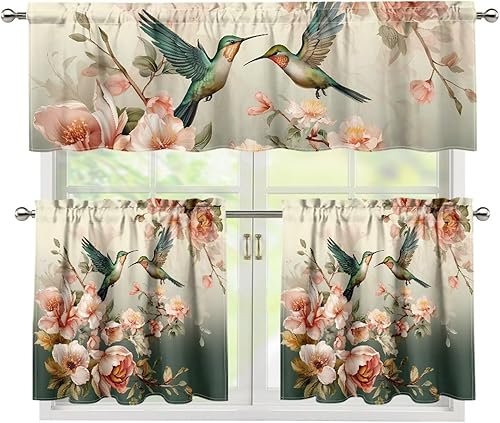 Miniatura 12 de Cortinas de Cocina con Colibríes y Flores, Cortinas de Ventana con Cenefa y Niveles Juego de 3, Cortinas Cortas con Bolsillo para Barra, Cortinas