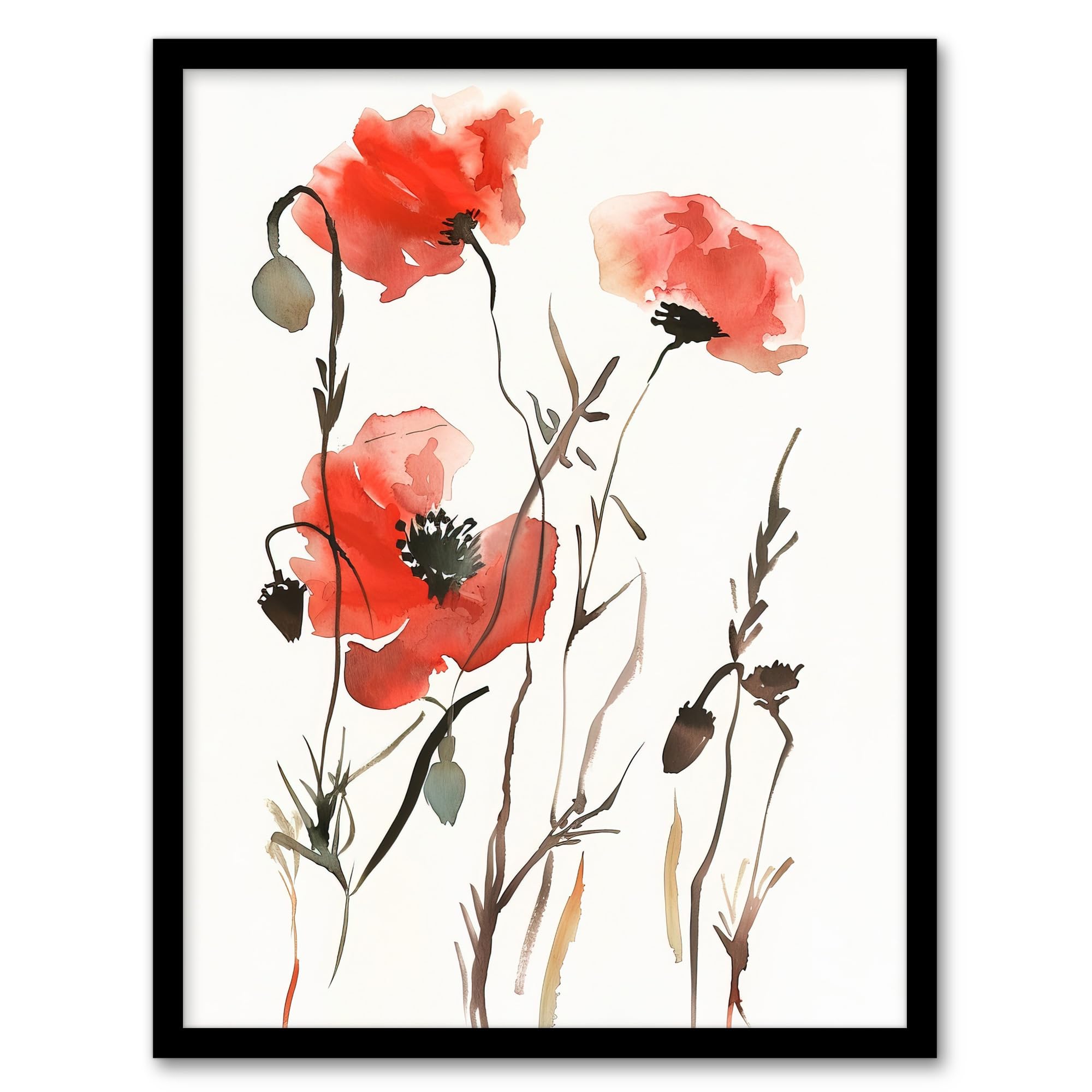 Artery8 Watercolour Poppy Flowers Bright Abstract Floral Living Room Artwork Framed Wall Art Print 18X24 Inch