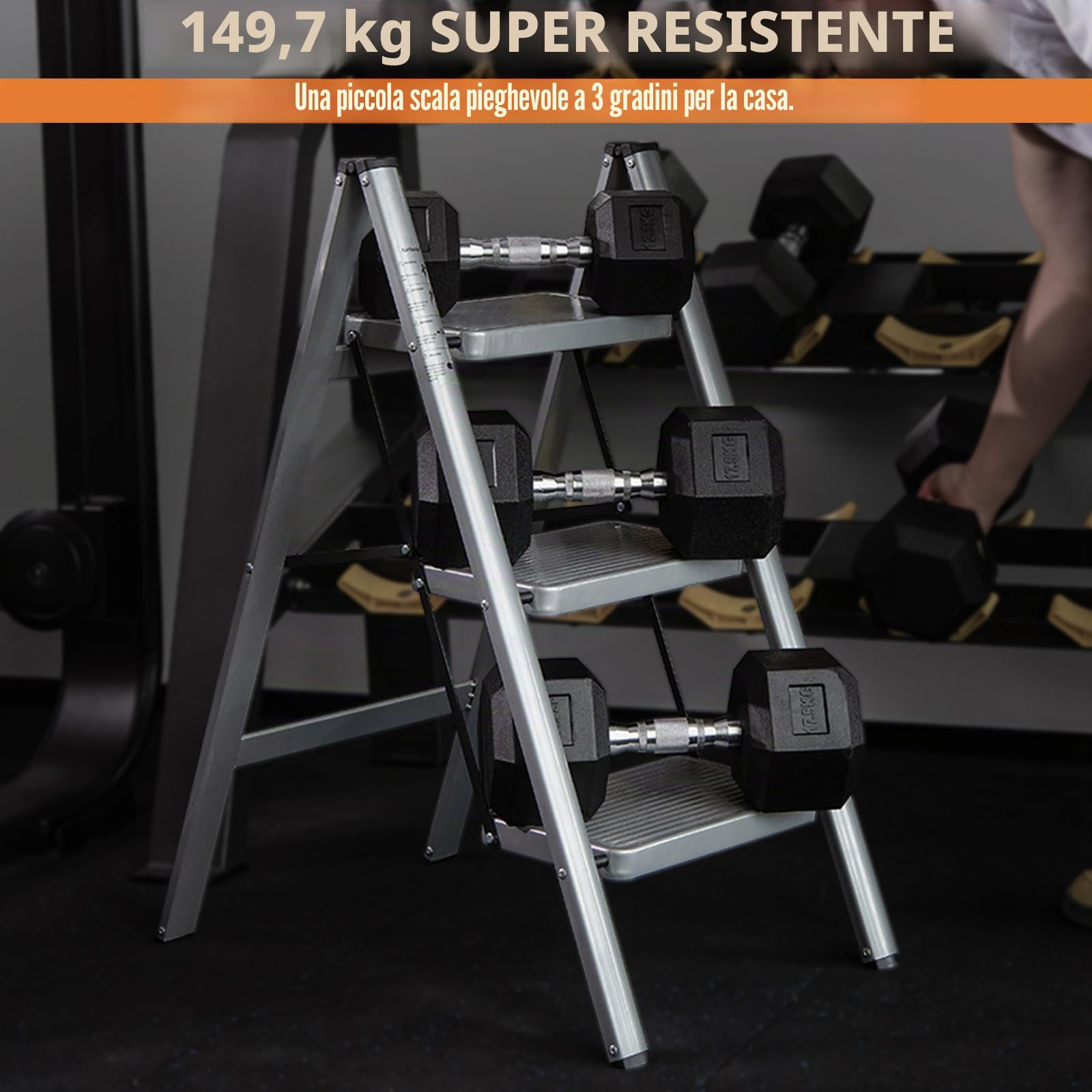 XinSunho Scala a 3 Gradini, Scaletta Pieghevole, Scaletto Domestica con Gradini Antiscivolo, Leggera e Compatta, Carico 150kg, Scaletto Portatile in Acciaio, Grigio