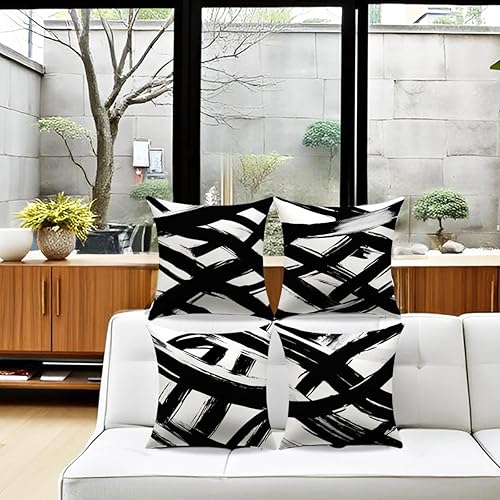 Miniatura 8 de Juego de 4 fundas de almohada bohemias modernas de 18 x 18 pulgadas, almohadas decorativas a rayas blancas y negras para sofá, decoración geométrica