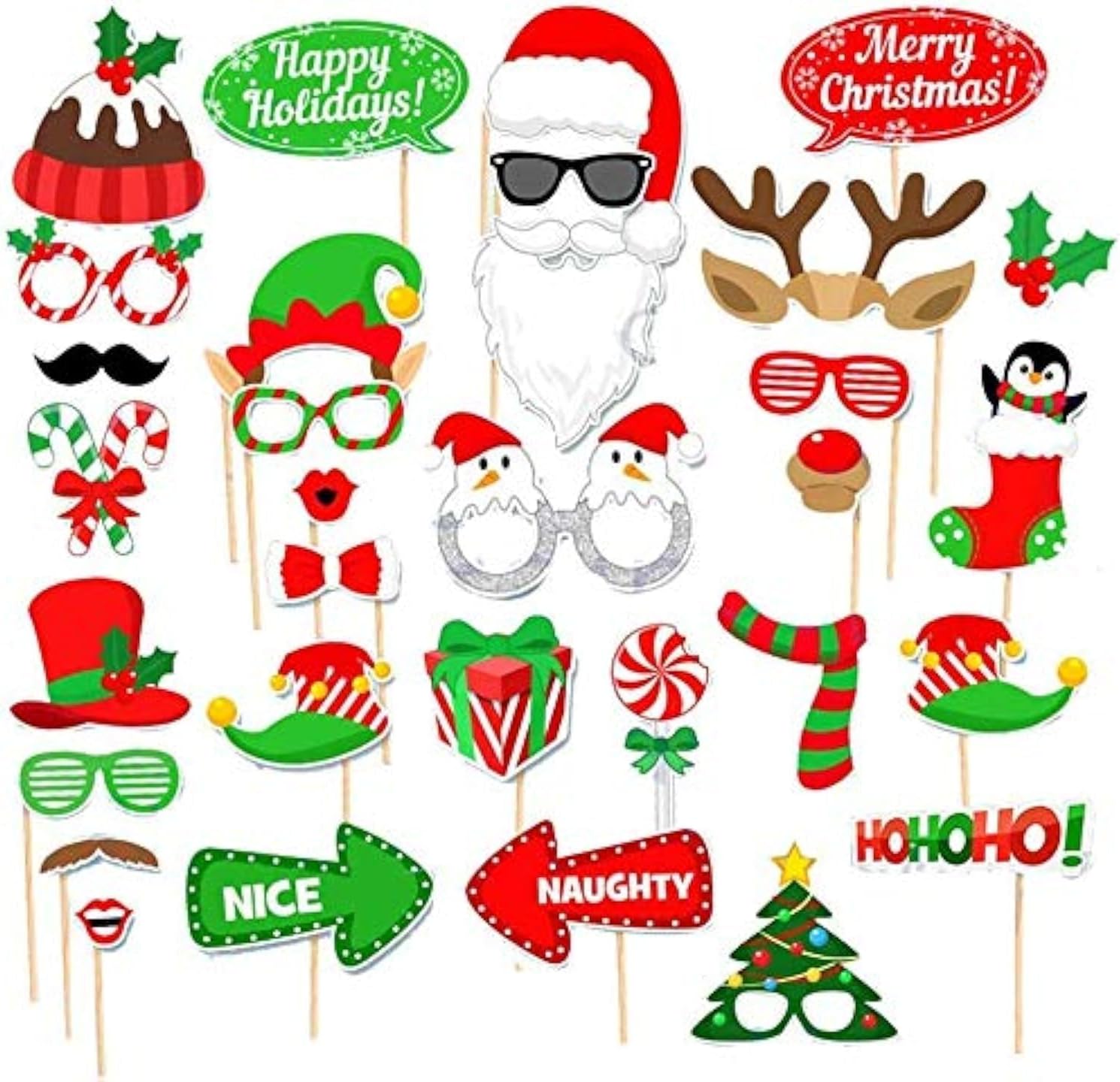 32 Pcs Christmas Photo Booth Props Kit, DIY Christmas Photo Booth with Stick Funny Xmas Selfie Props Accessories for Adults Kids for Christmas Theme Party Favors Decorations Decor Supplies