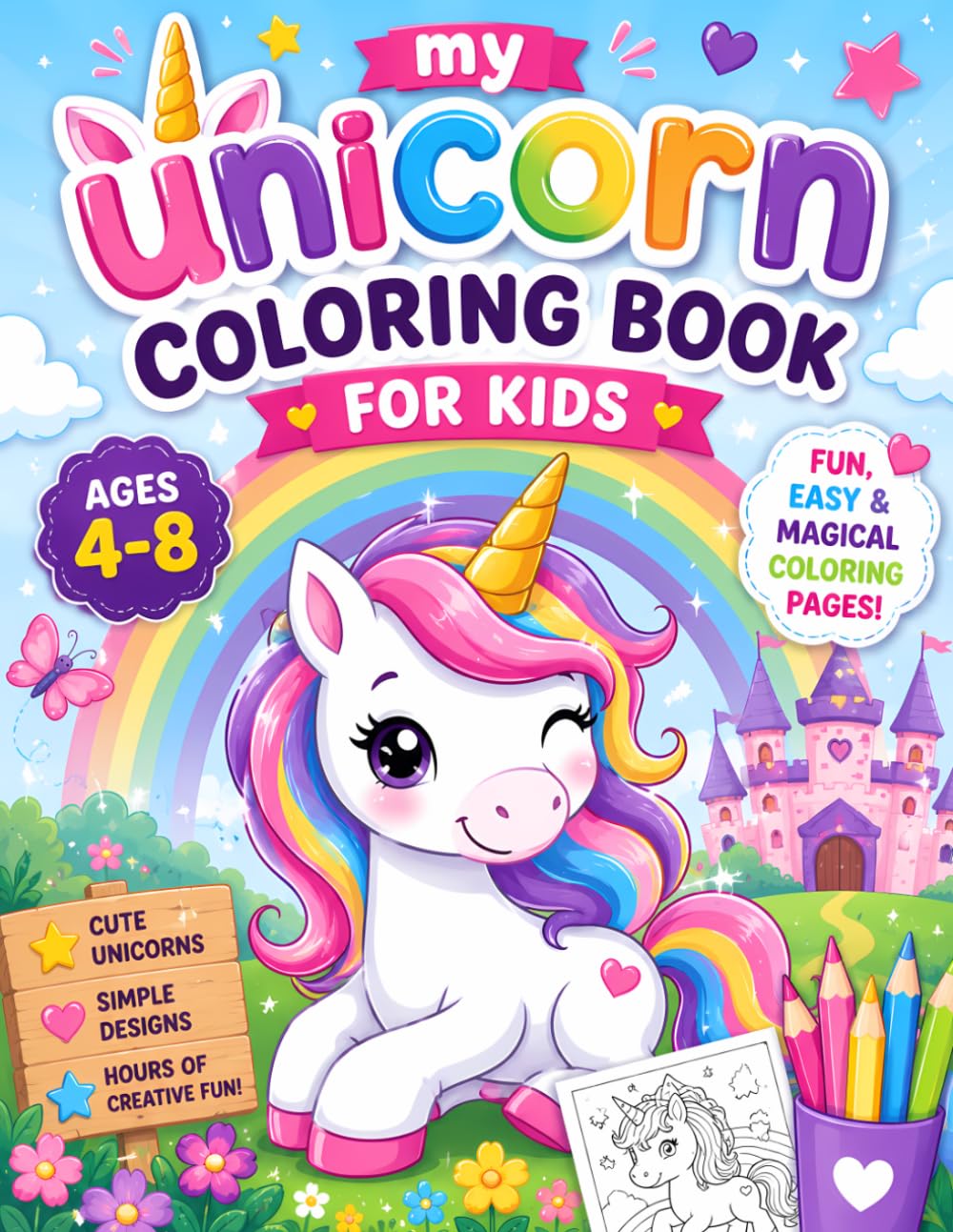 My Unicorn Coloring Book for Kids Ages 4-8: Cute & Magical Unicorn Coloring Pages with Rainbows, Castles, Stars, and Fun Easy Designs