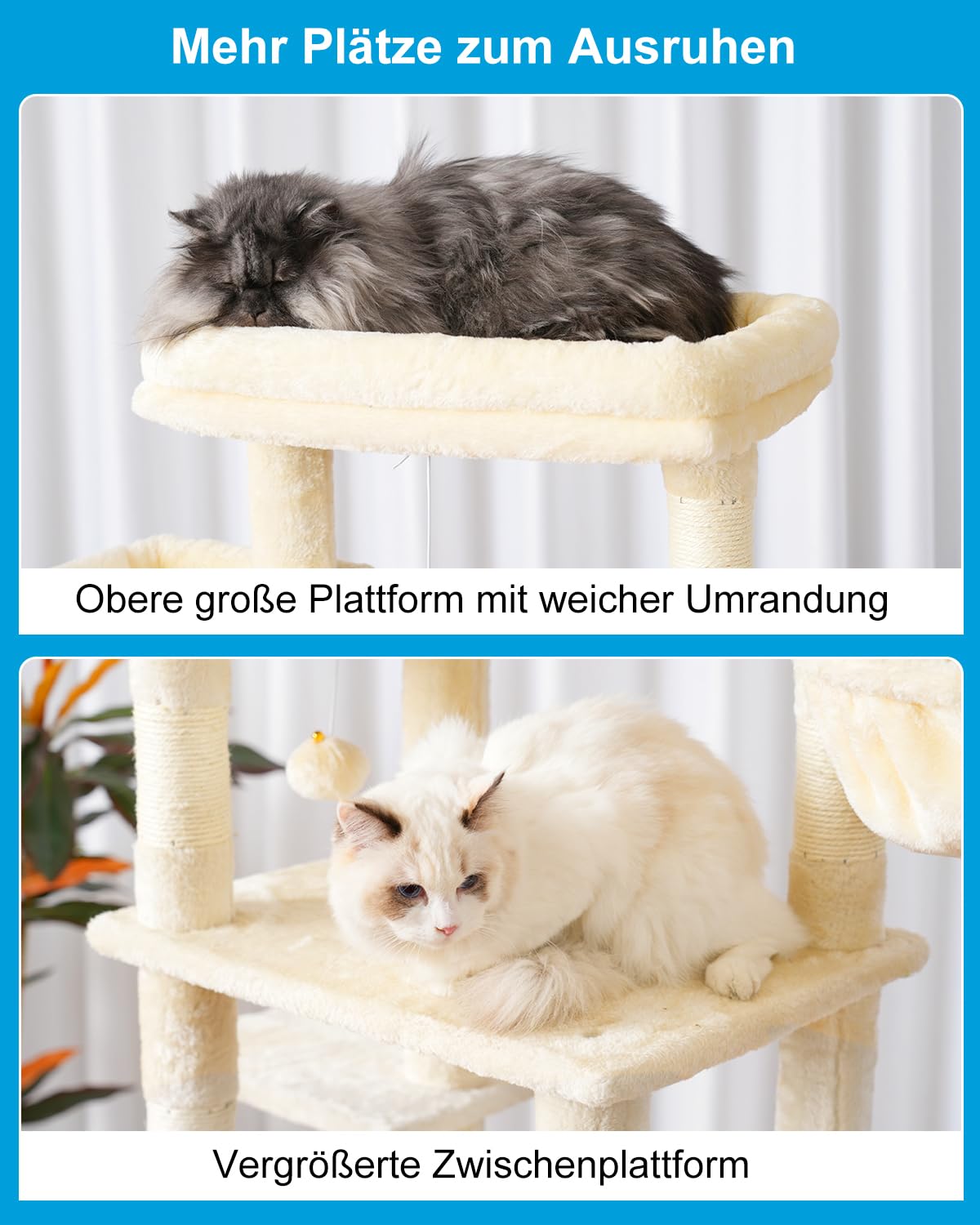 Hey-brother Kratzbaum, Stabil 159 cm Katzenbaum mit 2 Große Plattform, Großer Kratzbrett, Korb und Haus, Beige EMPJ029M