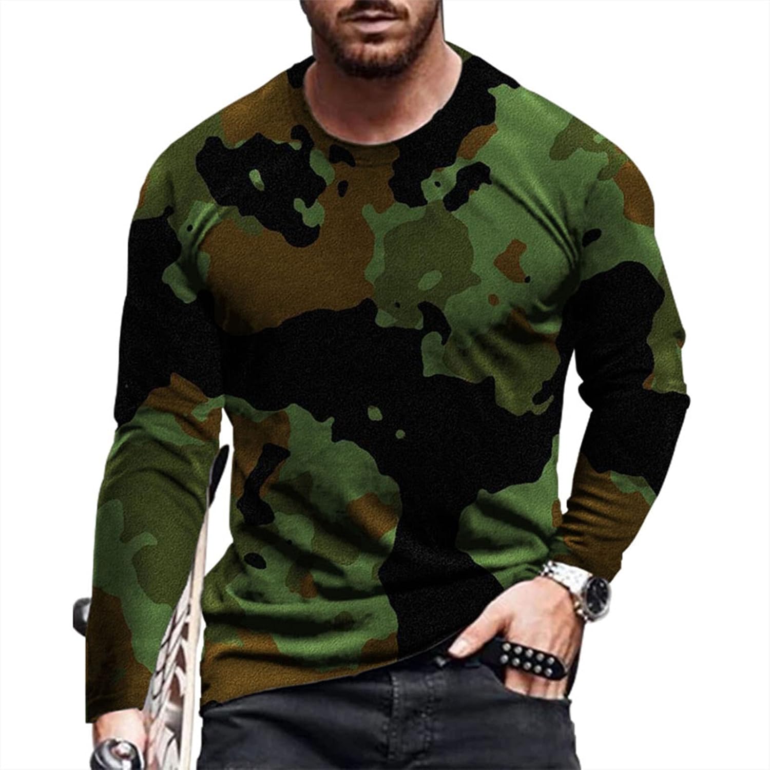 Work Out Athletic Tshirts for Man Fall Summer Long Sleeve Boat Neck 3D Digital Print Camo Tops Shirt Man 2026