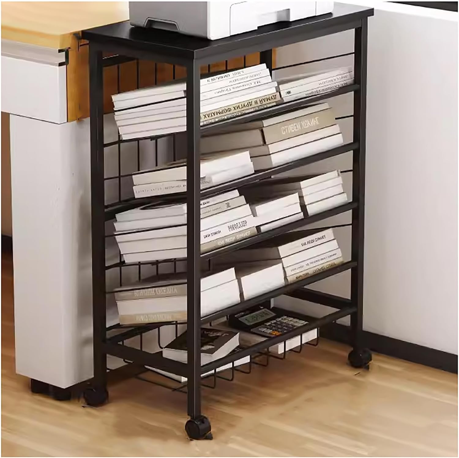 5 Tier Rolling Book Cart for Office Dorm Classroom Slim Metal Storage Cart with Wheels Mobile Bookshelf for Living Room Black Color