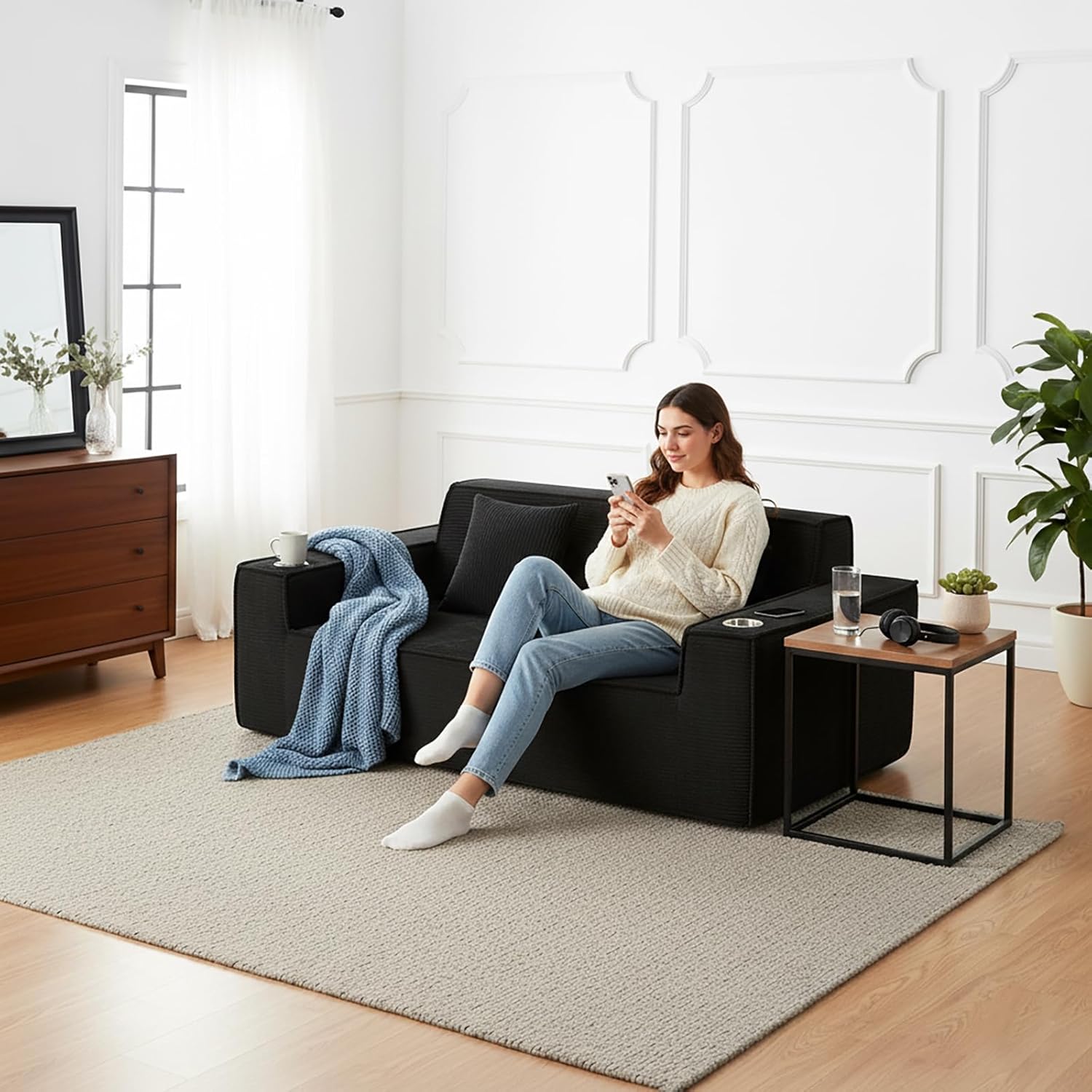 75'' Cloud Loveseat Sofa, Boneless 3 Seater Sofa Couch, No Assembly Required, Deep Seat & Wide Armrest, Ideal for Living Room, Bedroom, Small Spaces, Apartment, Black Corduroy