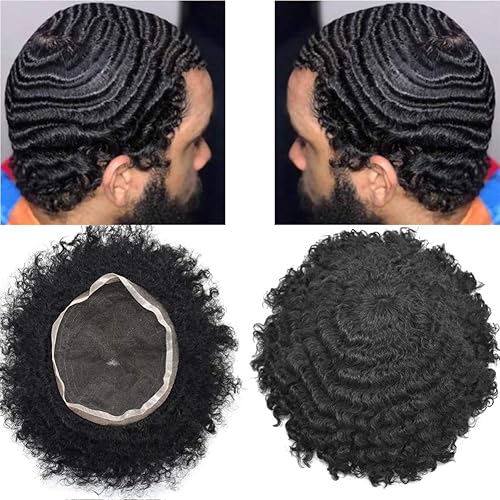 Miniatura 10 de FACE MIRACLE Afro Toupee para hombres negros, 100 % cabello humano transparente, repuesto de encaje completo, sistema de cabello ondulado