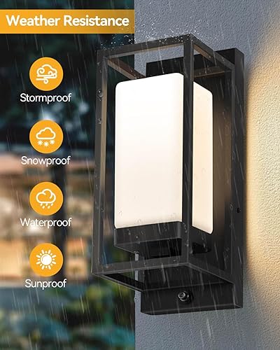 Miniatura 16 de RAYVO Moderna lámpara de pared para exteriores, marco de metal negro, sensor de atardecer a amanecer (3000 K blanco suave, 2 unidades)