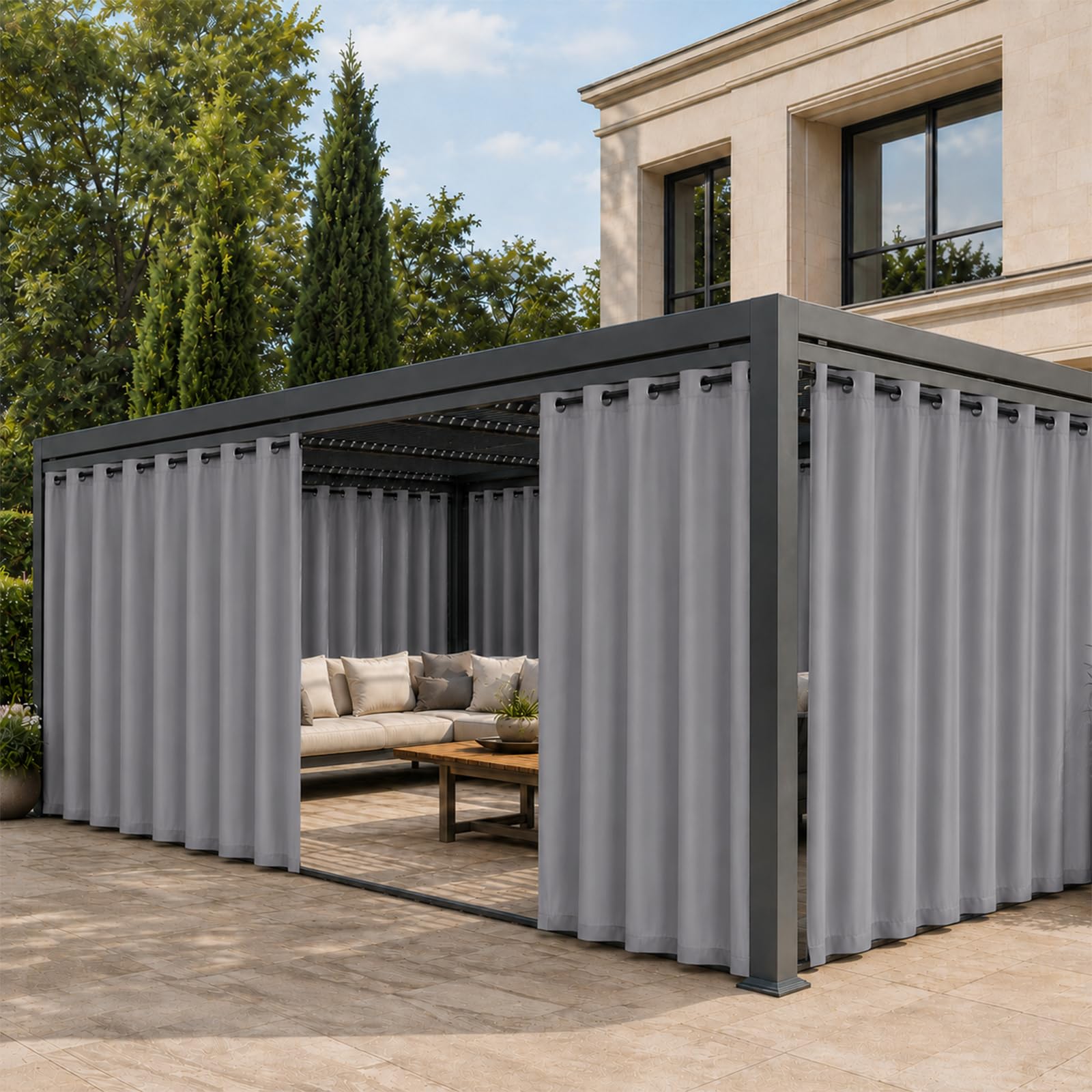 Pesonlook Outdoor Vorhang Wetterfest 2er Set, Wasserabweisende Outdoorvorhänge mit Ösen und unteren Schlaufen, Blickdicht Sonnenschutz Sichtschutz für Balkon Terrasse Pergola, 254 x 213 cm, Grau