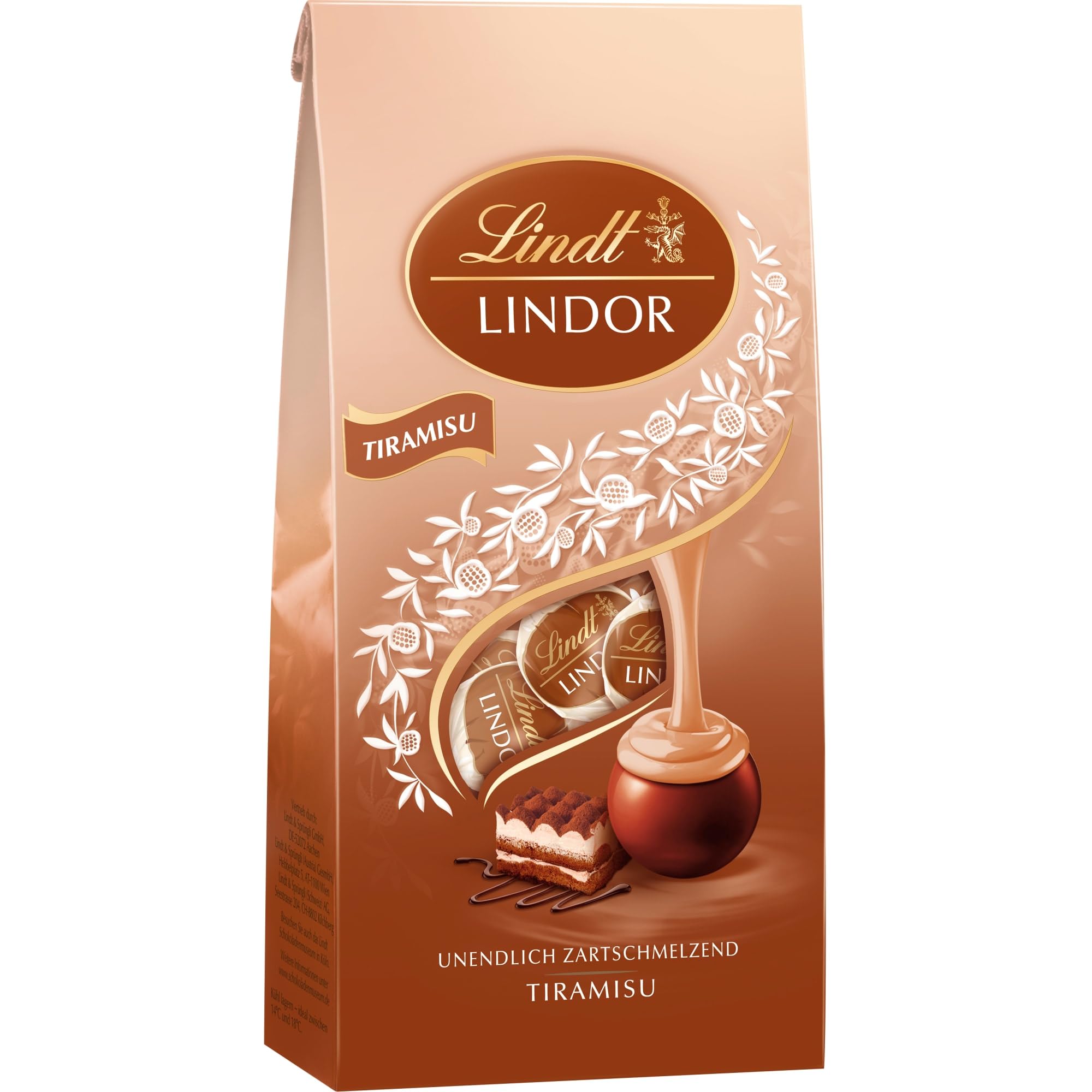 Lindt Schokolade | LINDOR Beutel Tiramisu | 137g | 11 Kugeln in Vollmilch-Schokolade mit zartschmelzender Tiramisu-Füllung | Schokoladen-Geschenk