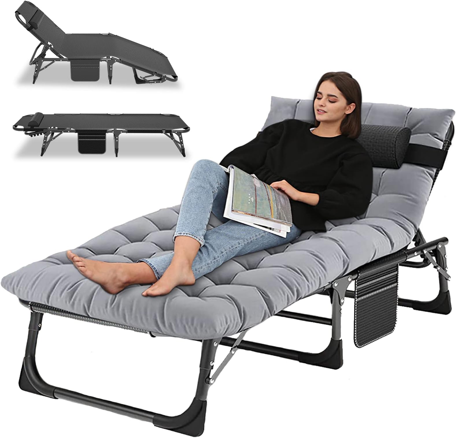 Portable Folding Camping Cot, Adjustable 4-Position Adults Reclining Folding Chaise with Pillow, Outdoor Portable Folding Lounge Chair Sleeping Cots Bed, Perfect for Camping, Pool, Beach, Patio