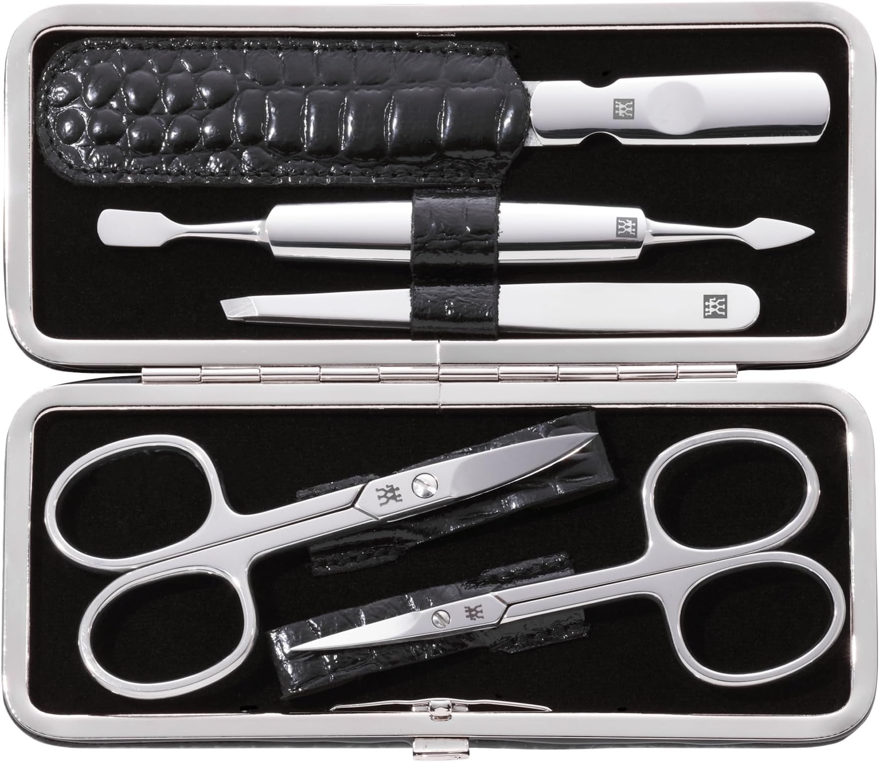 Manicure Set (5 Pieces, for Care of Fingernails and Toenails, Real Leather Case with Metal Frame), Polished Stainless Steel, Crocodile Edition, Black