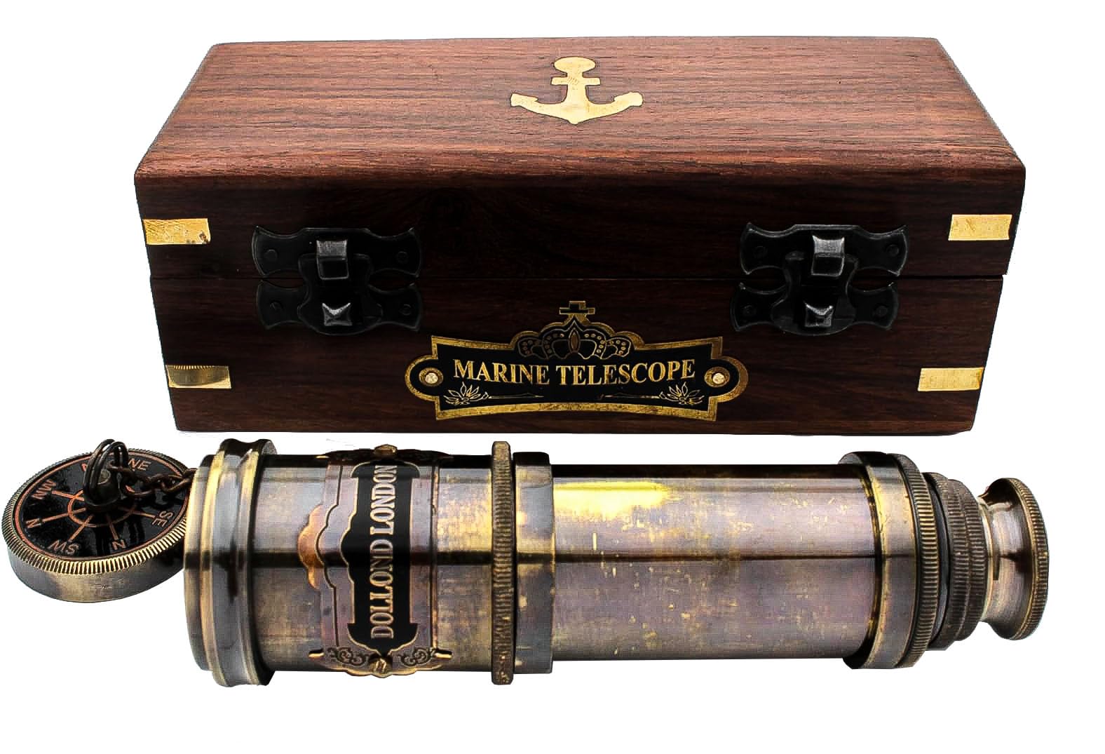 14 Inch Vintage Nautical Brass Telescope with Wood Box – Handheld Spyglass for Marine, Pirate, and Captain Use