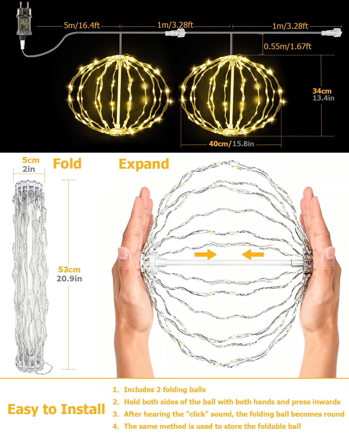 Bowfar Guirlande Lumineuse Extérieure Électricité, 20 cm Pack de 4 Grande Boule Guirlande Lumineuse Suspendue Arbre de Noël avec Télécommande Minuterie, Globe Éclairage de Noël, Blanc Chaud