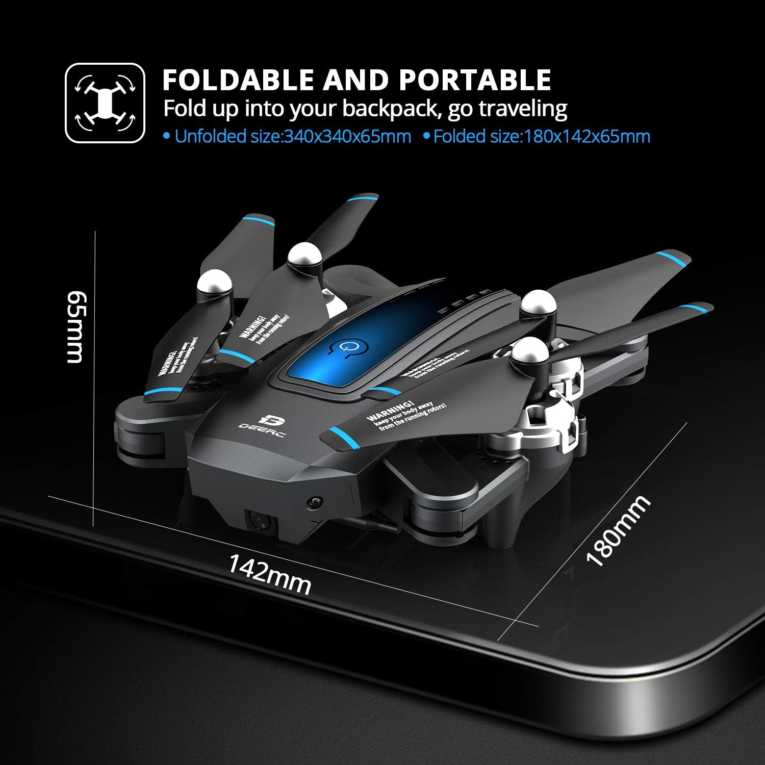 Folded DEERC D10 drone with dimensions