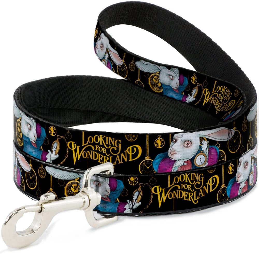 Dog Leash White Rabbit Poses Looking for Wonderland Clocks Black Golds 6 Feet Long 1.5 Inch Wide