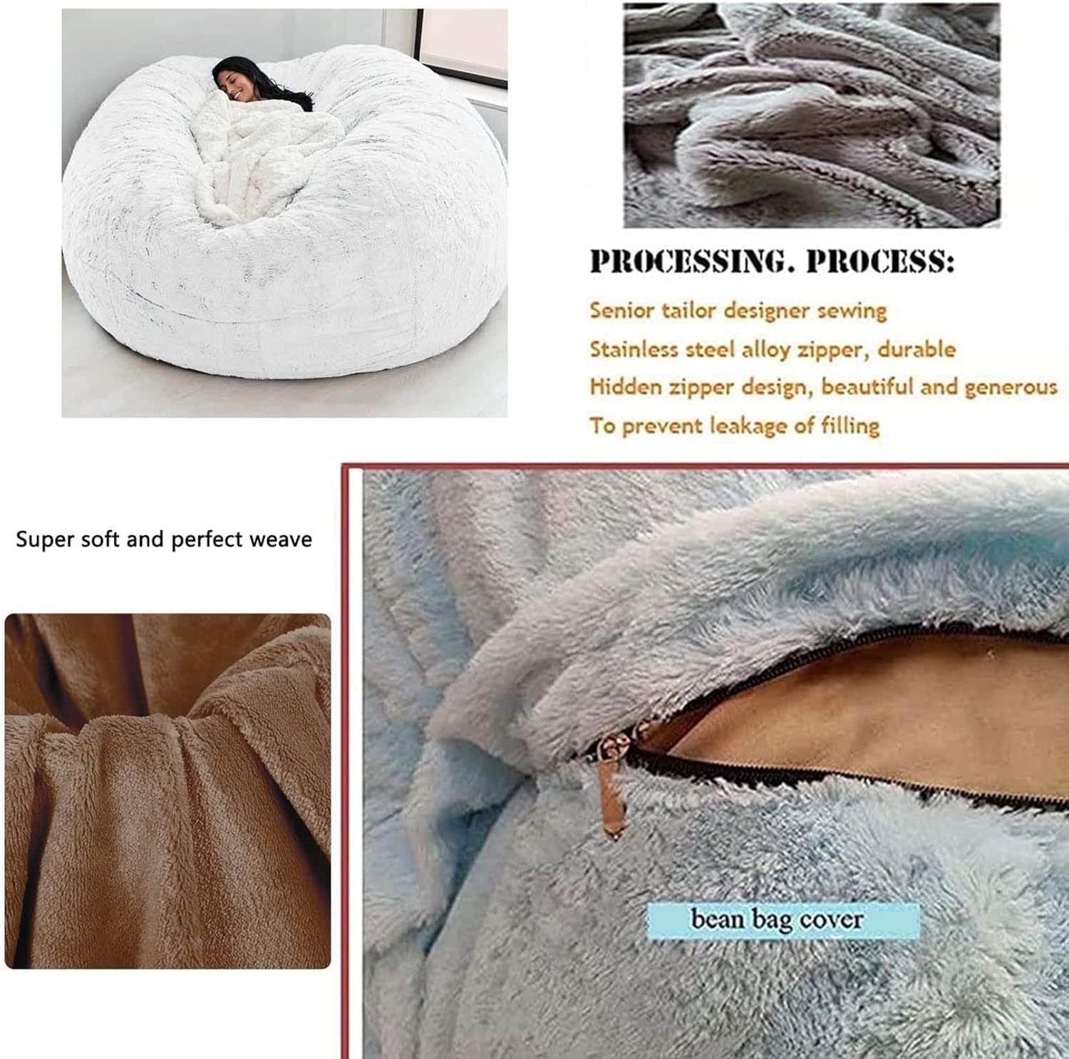 Riesiger Pelz-Sitzsack für Wohnzimmermöbel für Erwachsene, großer runder, weicher, Flauschiger Kunstpelz-Sitzsack (Keine Polsterung), fauler Schlafsofabezug(Farbe:Schwarz,Größe:7ft)
