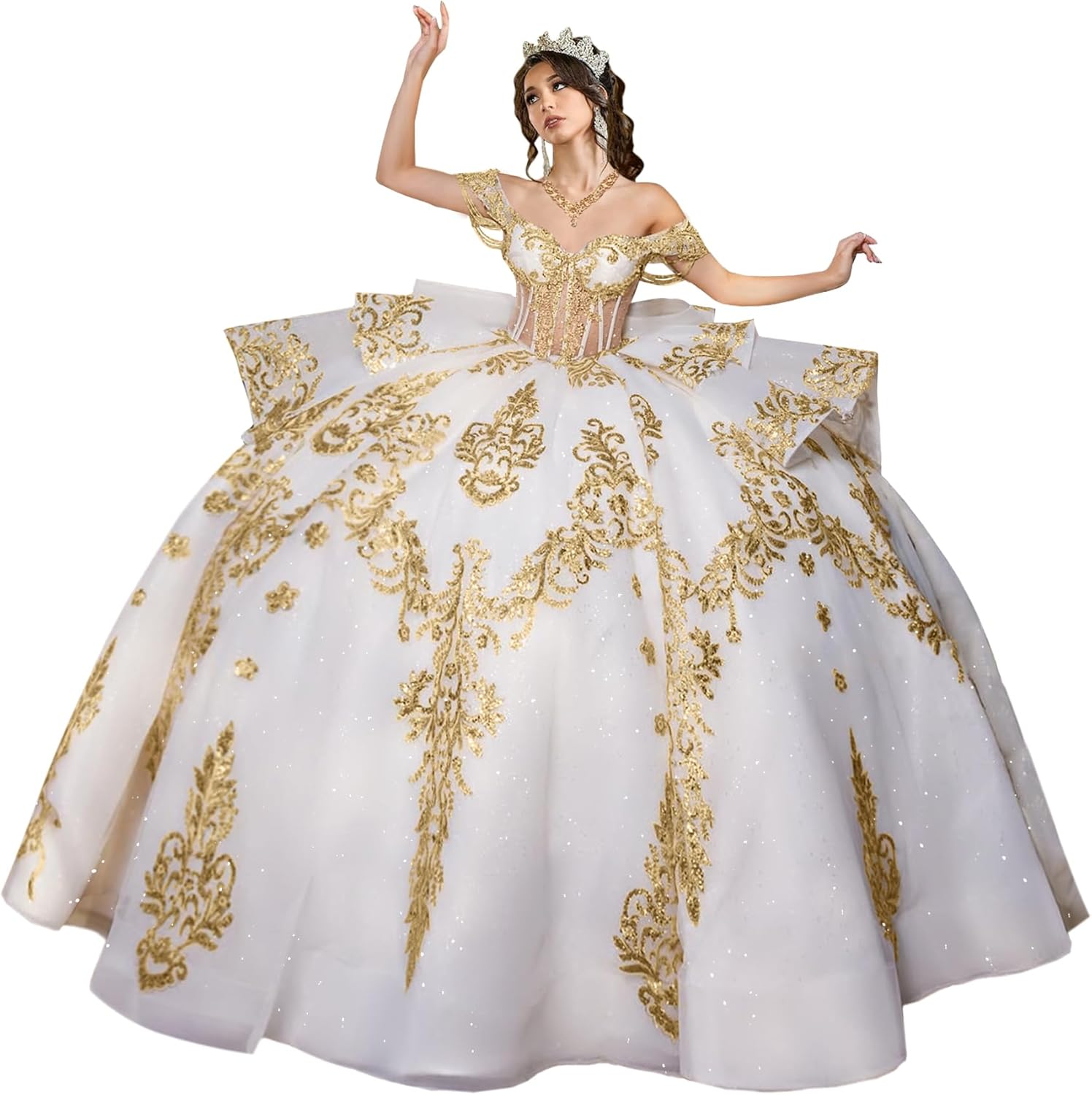 Mouccy Glitter Gold Appliques Quinceanera Dresses with Tassels Off Shoulder Lace Sweet 16 Dress Sparkly Bead Puffy 15 Dress