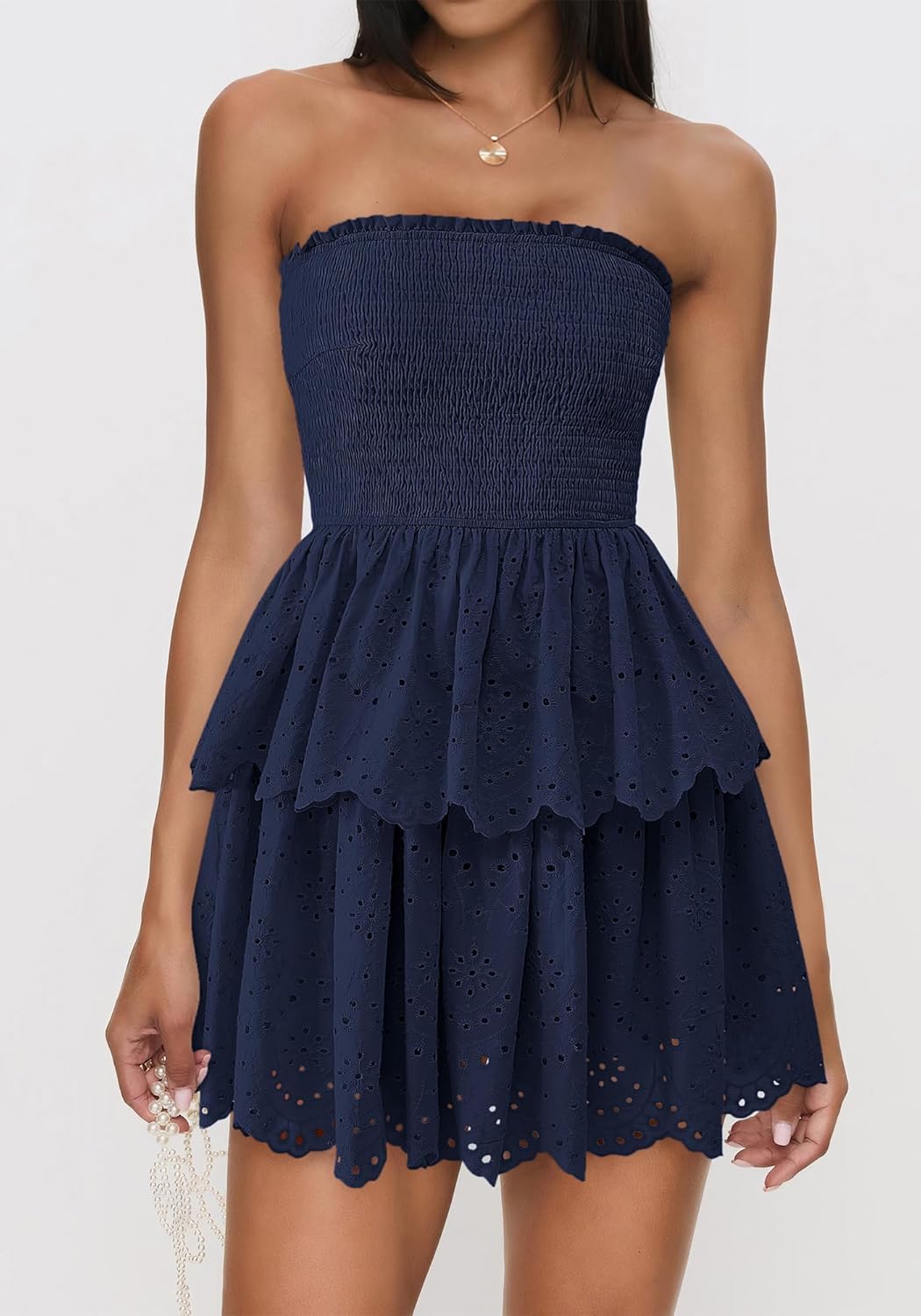 BTFBM Summer Dresses for Women 2025 Tube Strapless Mini Hollow Out Lace Wedding Guest Dress - Image 6