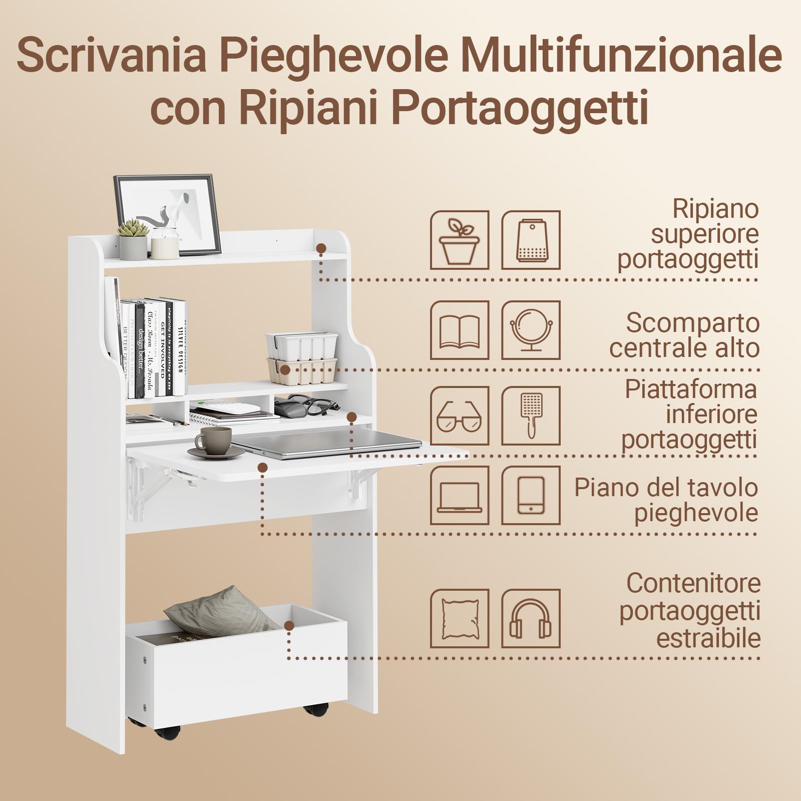 SoBuy Scrivania Pieghevole a Muro Scrivania Salvaspazio Richiudibile con Scatola Portaoggetti con Ruote Tavolo Pieghevole Bianco 64x63x100,6 cm FWT105-II-W